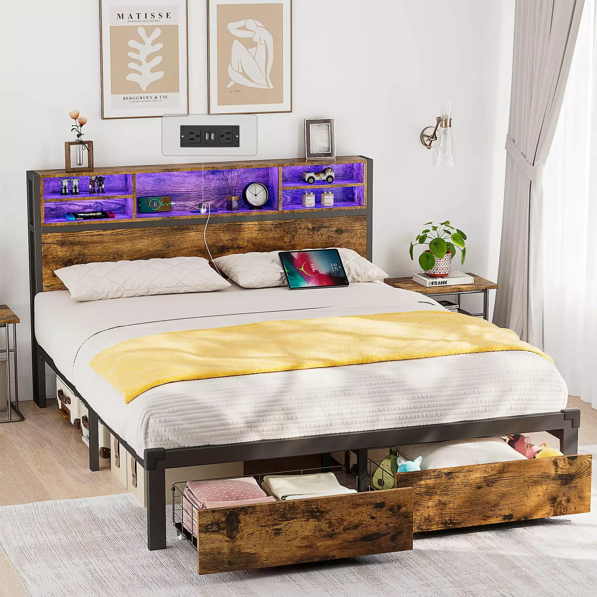 Alohappy Queen Bed Frame Storage Headboard and Drawers Metal Platform Bed Frame RGB LED Lights and Charging Station