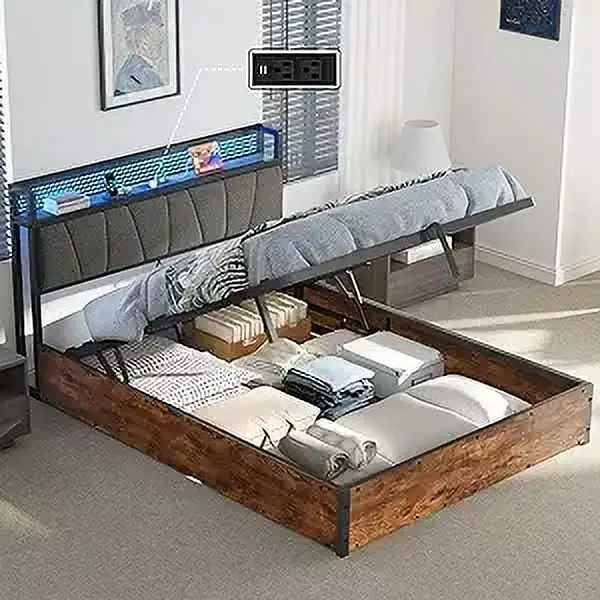 AMERLIFE Full Size Lift Up Bed Frame Linen Upholstered LED Light Storage Headboard and Charging Station Rustic Brown