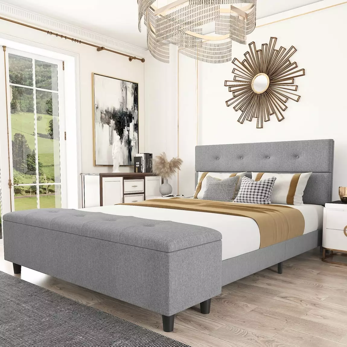Amolife Queen Linen Platform Bed Frame Button Tufted Headboard and Storage Ottoman Bench Light Grey