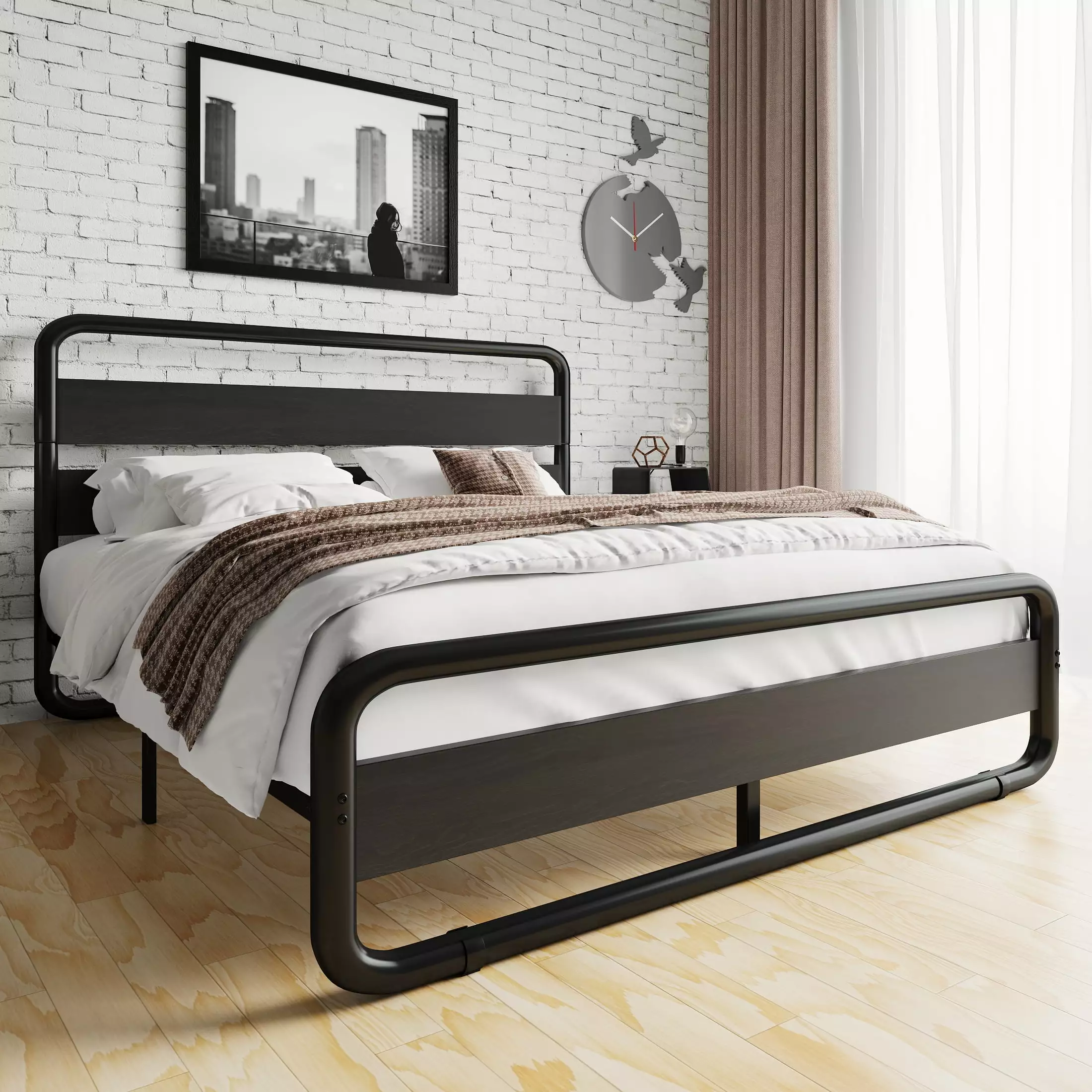 Amolife Queen Platform Bed Rustic Wooden Headboard and Footrest Black Oak