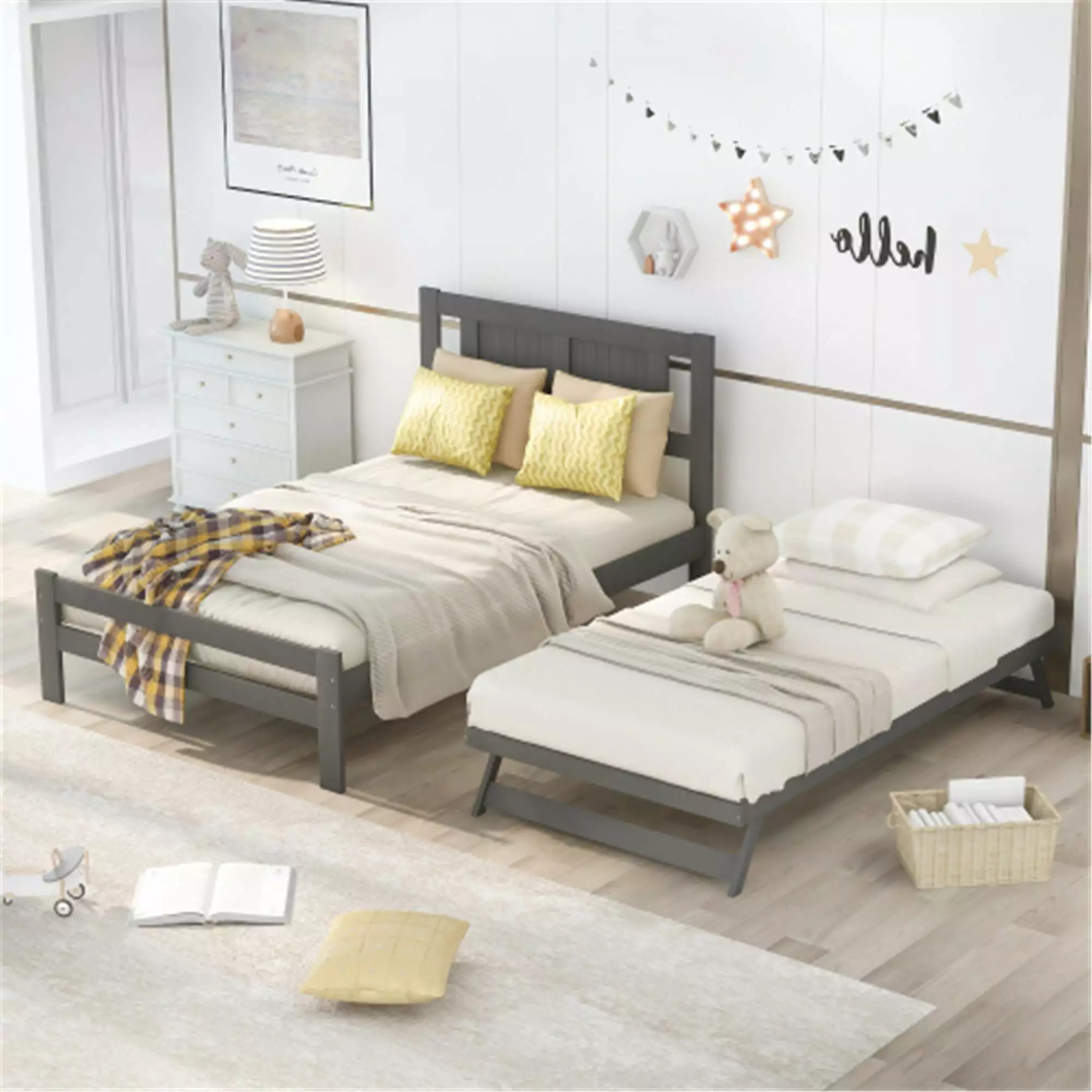 Full Size Platform Bed Adjustable Trundle - Wood Bed Frame 10 Slats Better Support - Gray ARCTICSCORPION