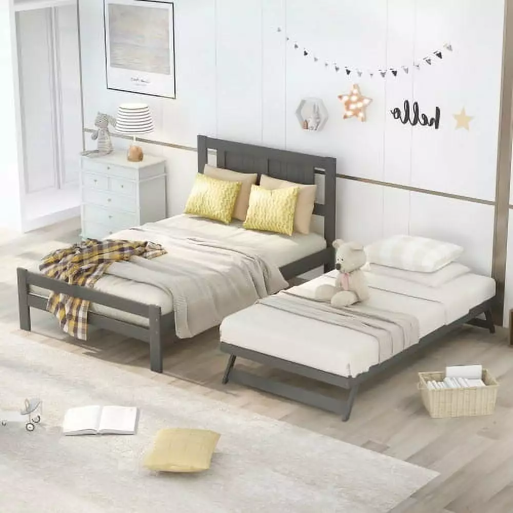 Full Size Platform Bed Adjustable Trundle - Convertible 2 Beds Bedroom or Living Room - Gray ARCTICSCORPION