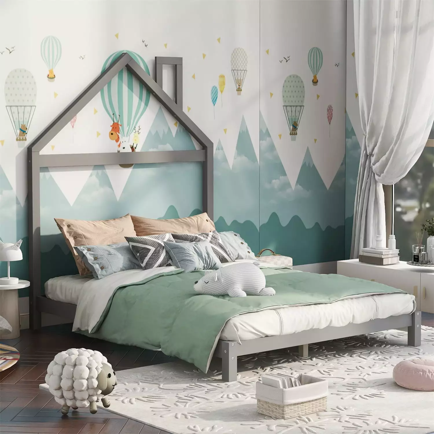 Full Size Platform Bed Houtilize-shaped Headboard Wooden Bed Frame Kids and Teens Gray ARCTICSCORPION