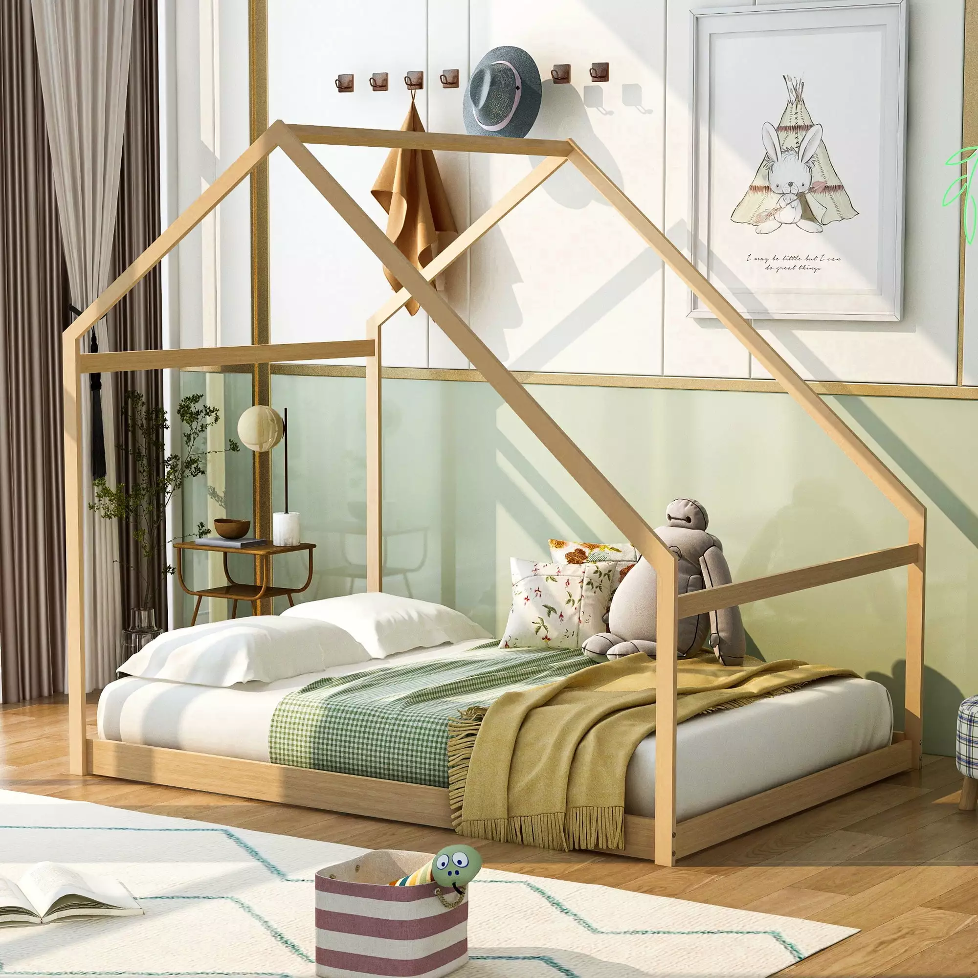 Full Size Wooden Houtilize Bed Houtilize Shaped Wooden Bed Frame Floor Bed No Box Spring Required Natural ARCTICSCORPION