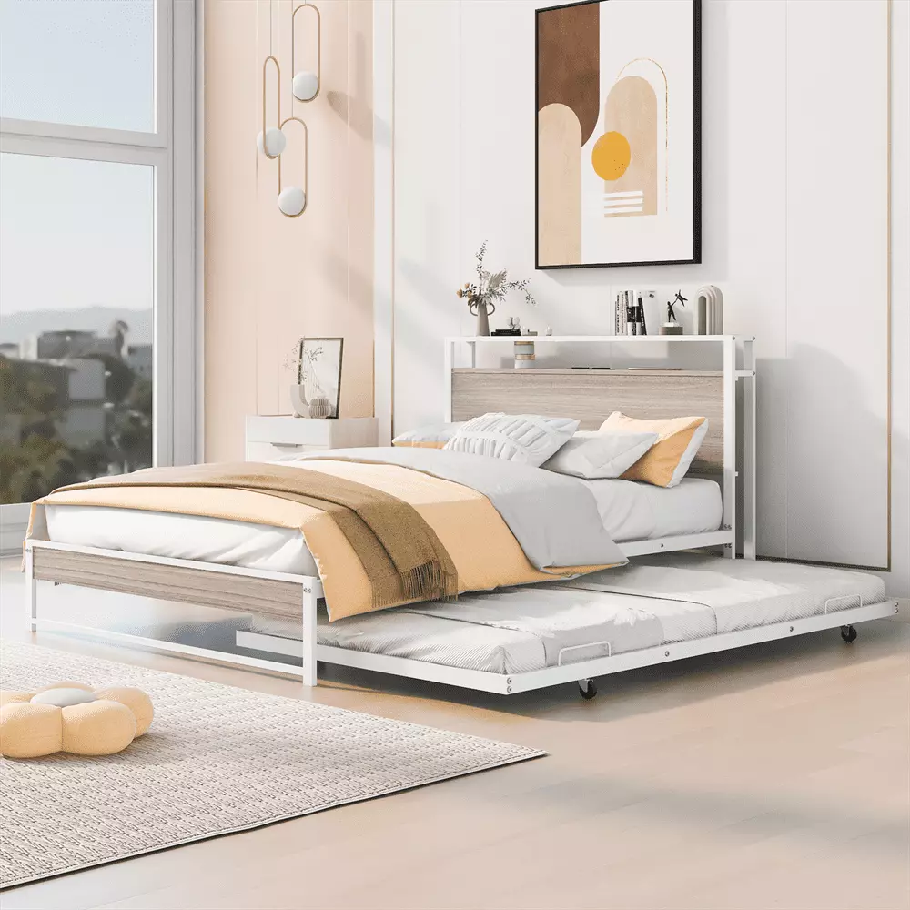 Metal Platform Bed Trundle and USB Ports - Full Size Low Platform Bed Shelves White ARCTICSCORPION