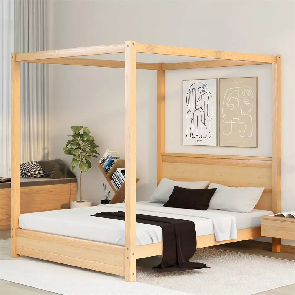 Queen Size Canopy Bed Frame Modern Four-Poster Platform Bed Headboard Solid Wood Underbed Storage No Box Spring Natural AR...