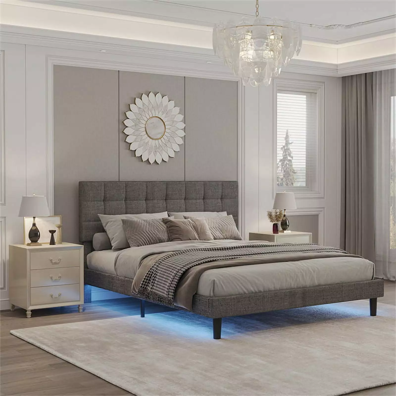 Queen Size Upholstered Platform Bed Adjustable Headboard and Lights No Box Spring Needed Gray ARCTICSCORPION
