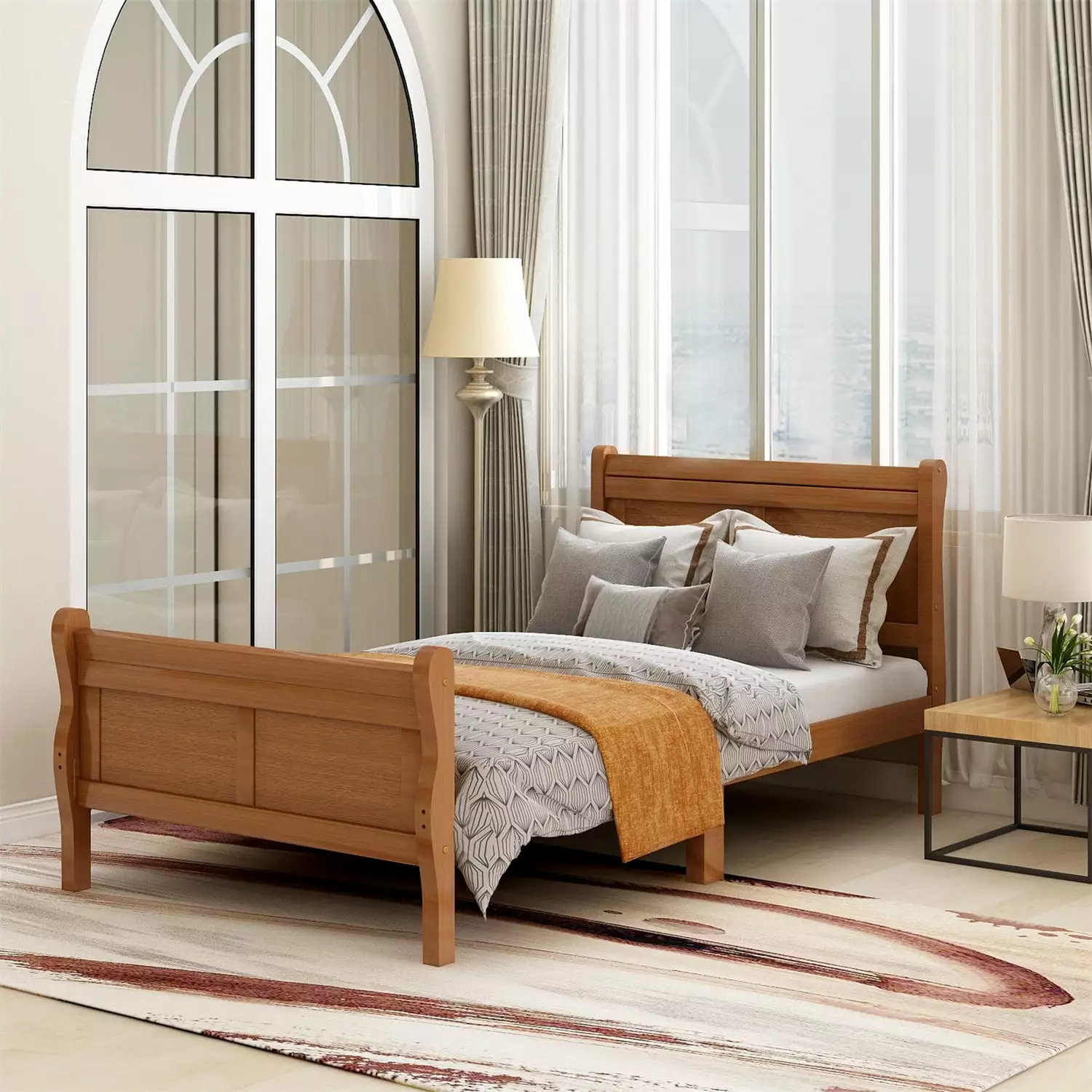 Twin Bed Frame Wood Platform Sleigh Bed Headboard - Rustic Pine Finish 16.1inch Underbed Storage ARCTICSCORPION