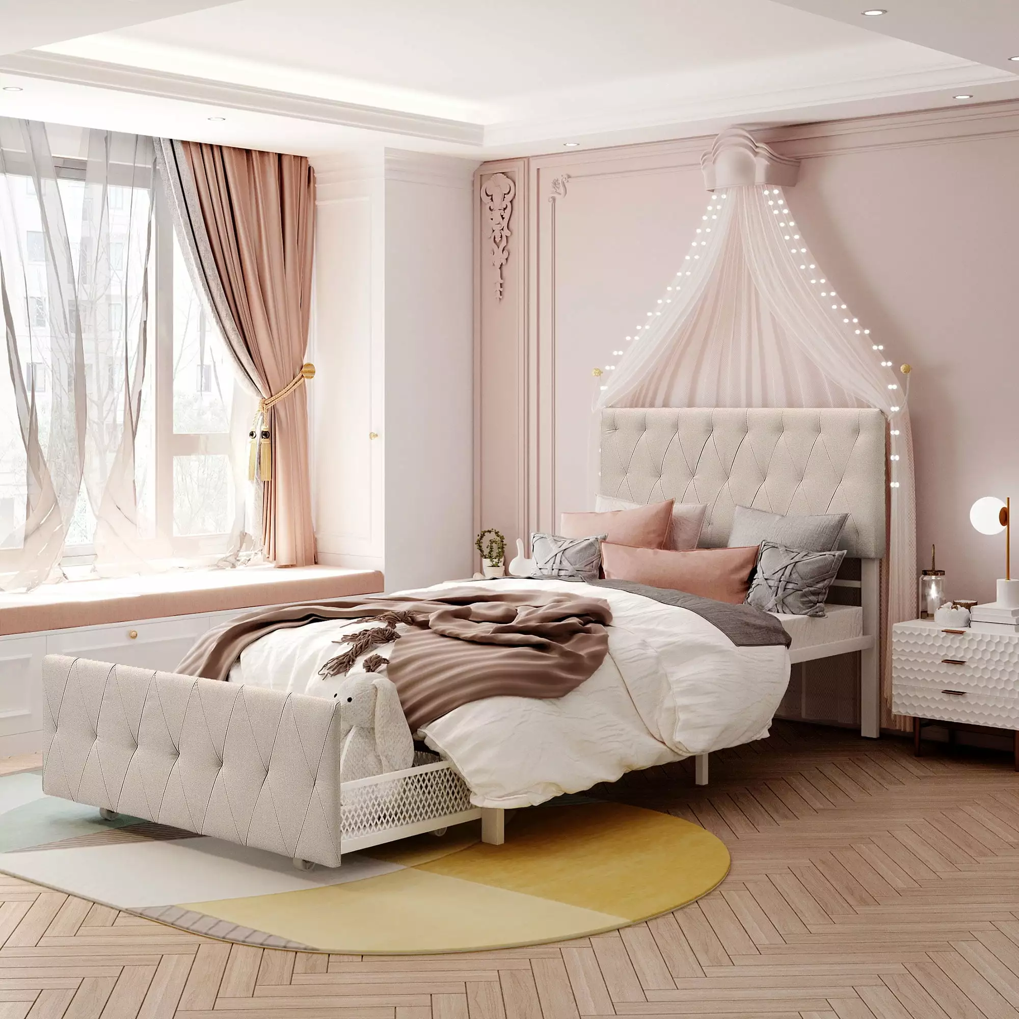 Twin Size Metal Platform Bed Linen Upholstered Headboard and Storage Drawer - No Box Spring Needed - Beige ARCTICSCORPION