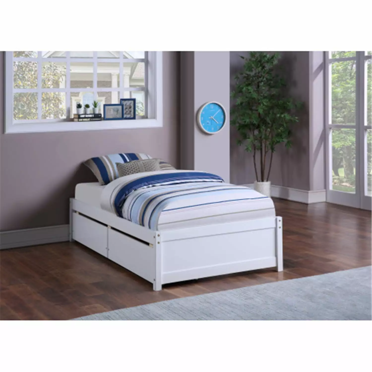 Twin Size Platform Bed Frame 2 Pull Out Storage Drawers Wood Slats Support Holds 200lbs White ARCTICSCORPION