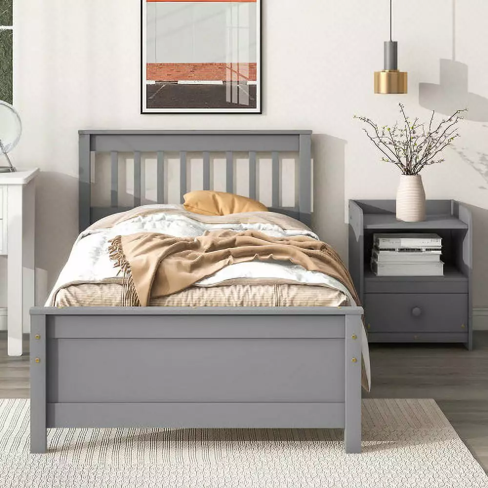 Twin Size Platform Bed Nightstand Solid Wood Platform Bed Frame Boys Girls Teens Gray ARCTICSCORPION
