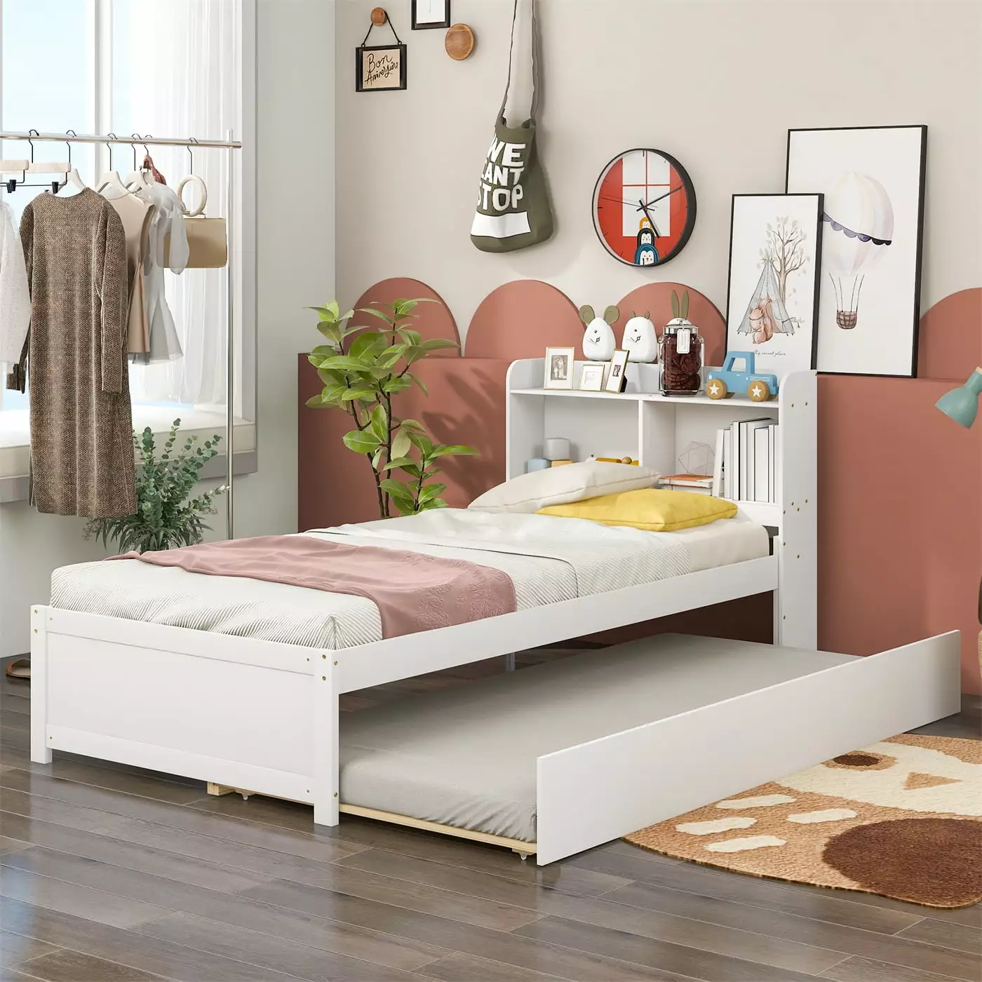 Twin Size Platform Bed Trundle and Bookcase Headboard - White Wooden Bed Frame Teens and Kids ARCTICSCORPION