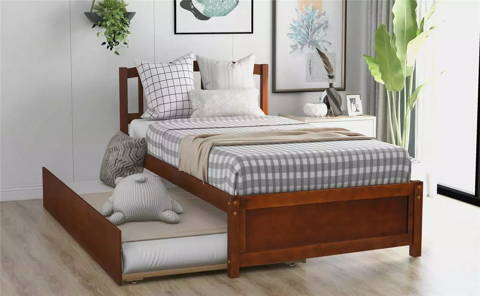 Twin Size Platform Bed Wood Bed Frame Trundle Mattress Foundation Wood Slat Support No Box Spring Needed Easy Assembly Wal...