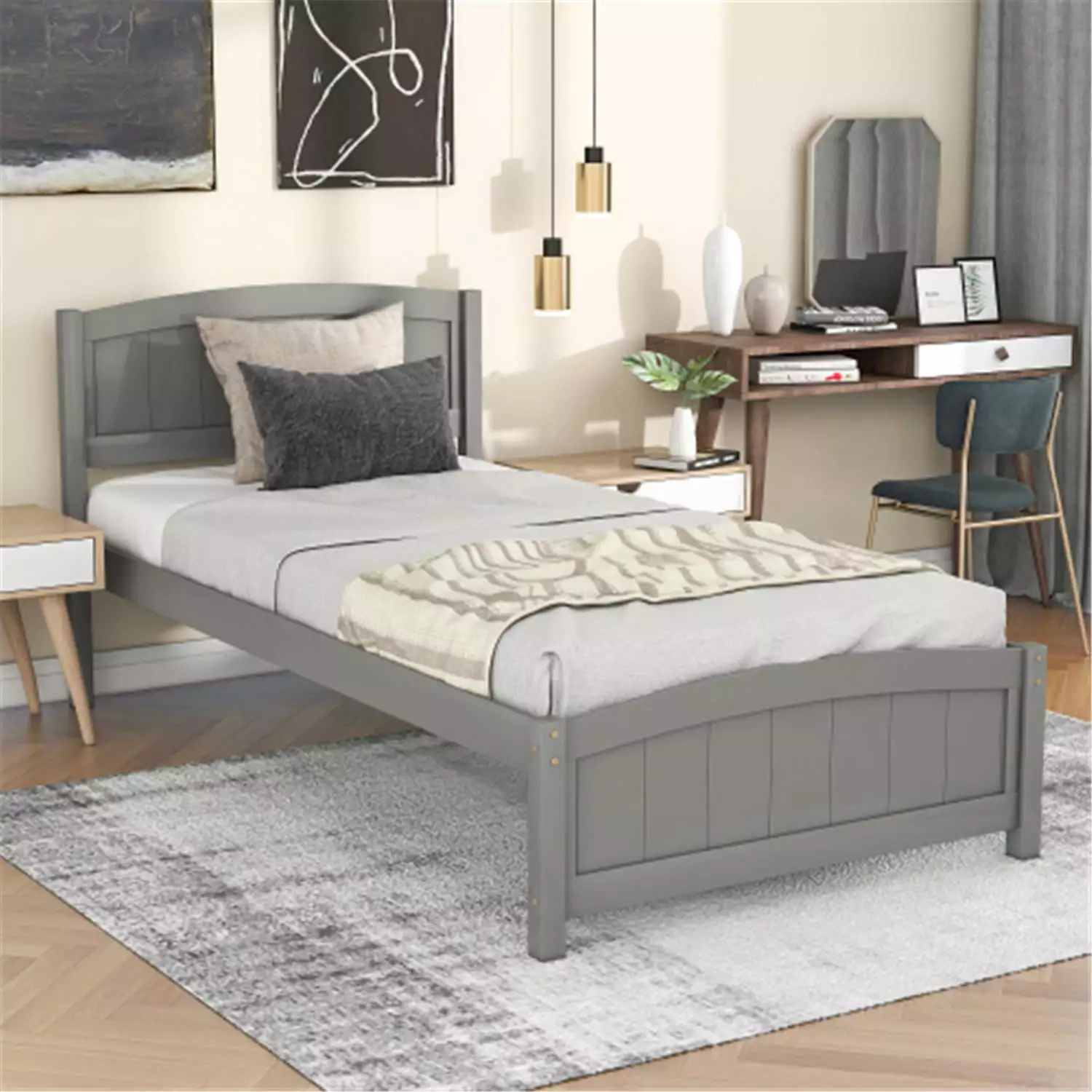 Twin Size Wood Platform Bed Frame Headboard and Footboard - Gray Slat Support Bed ARCTICSCORPION