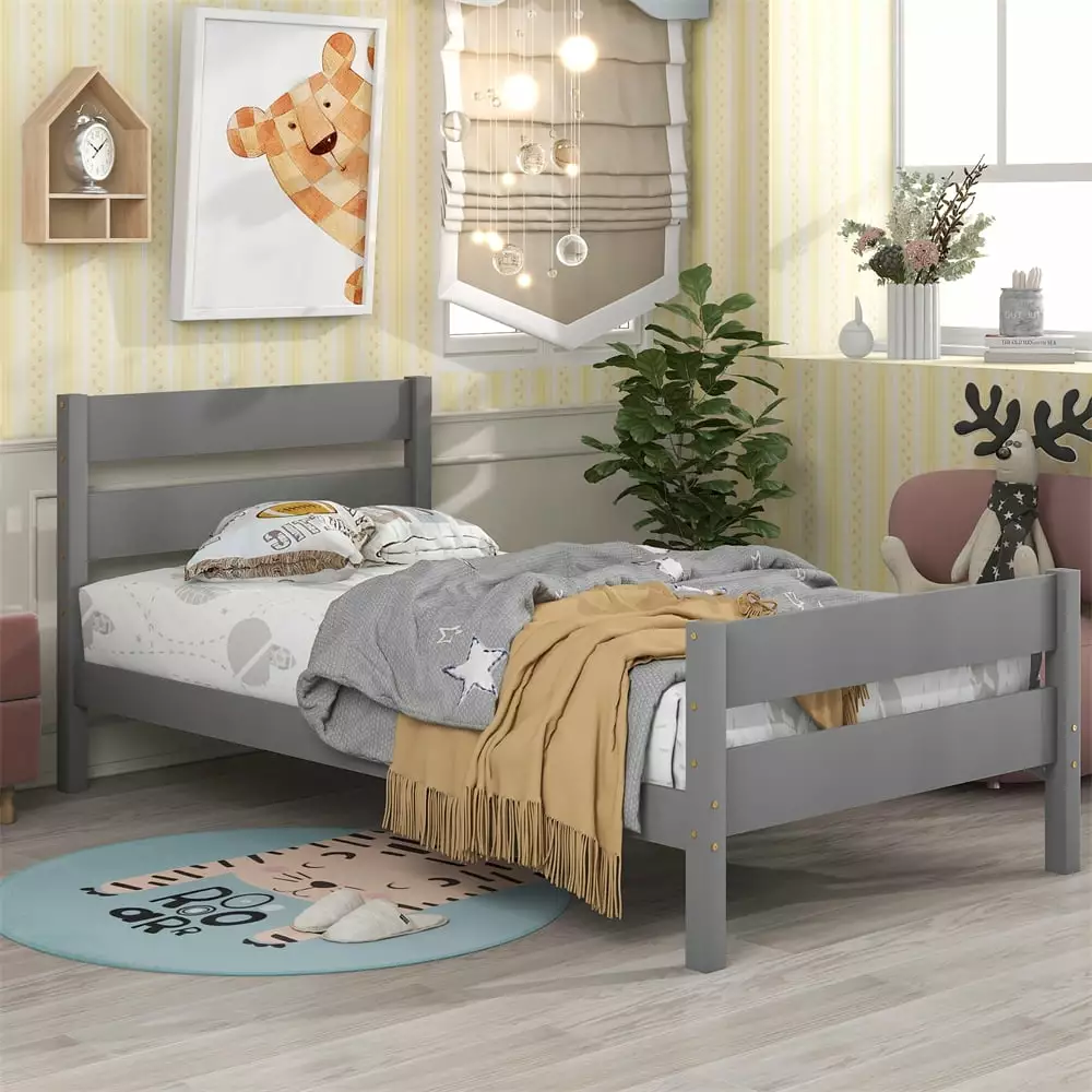 Twin Size Wood Platform Bed Headboard and Footboard Kids Gray Finish ARCTICSCORPION