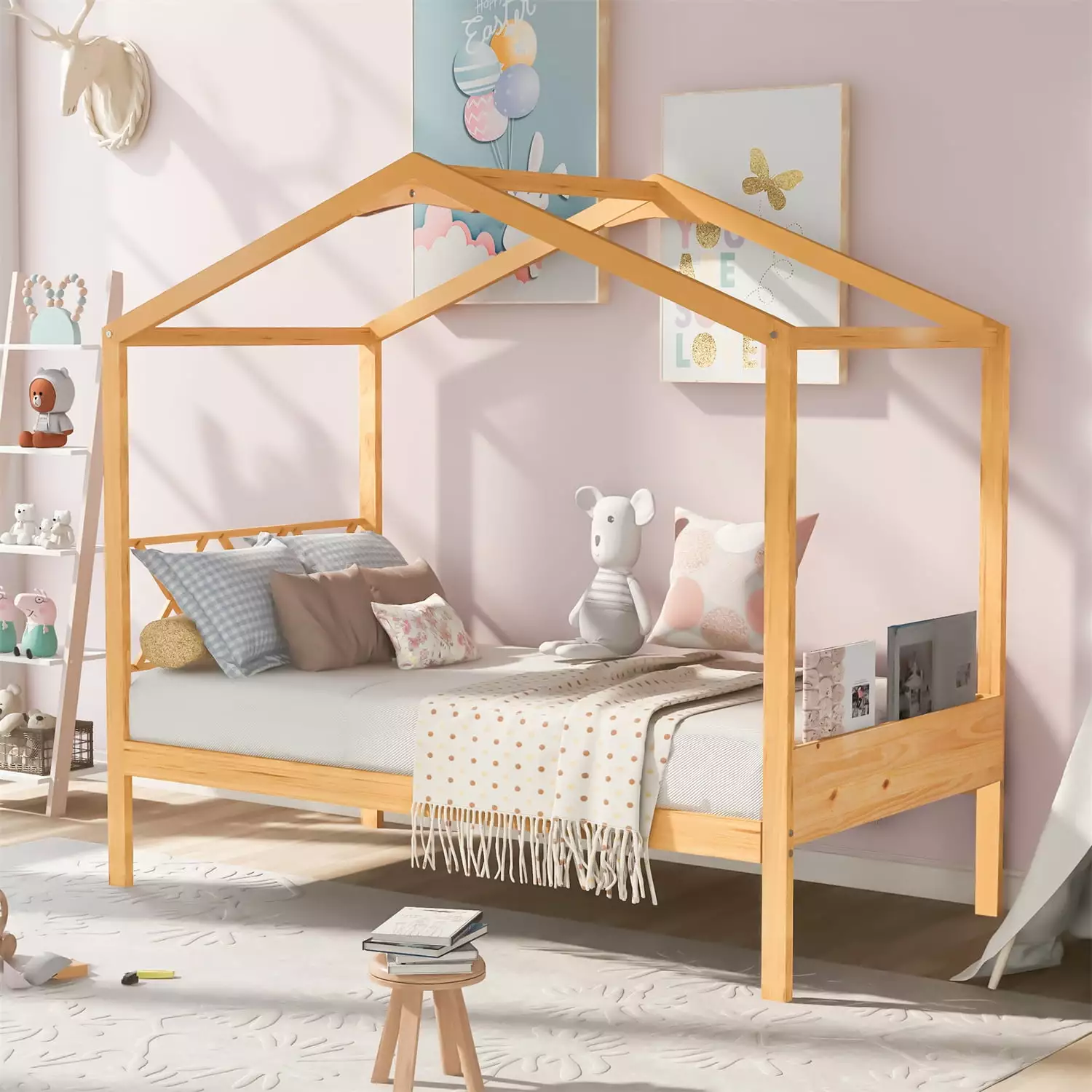 Twin Size Wood Platform Bed X-Shaped Headboard - No Box Spring Needed Natural Finish ARCTICSCORPION