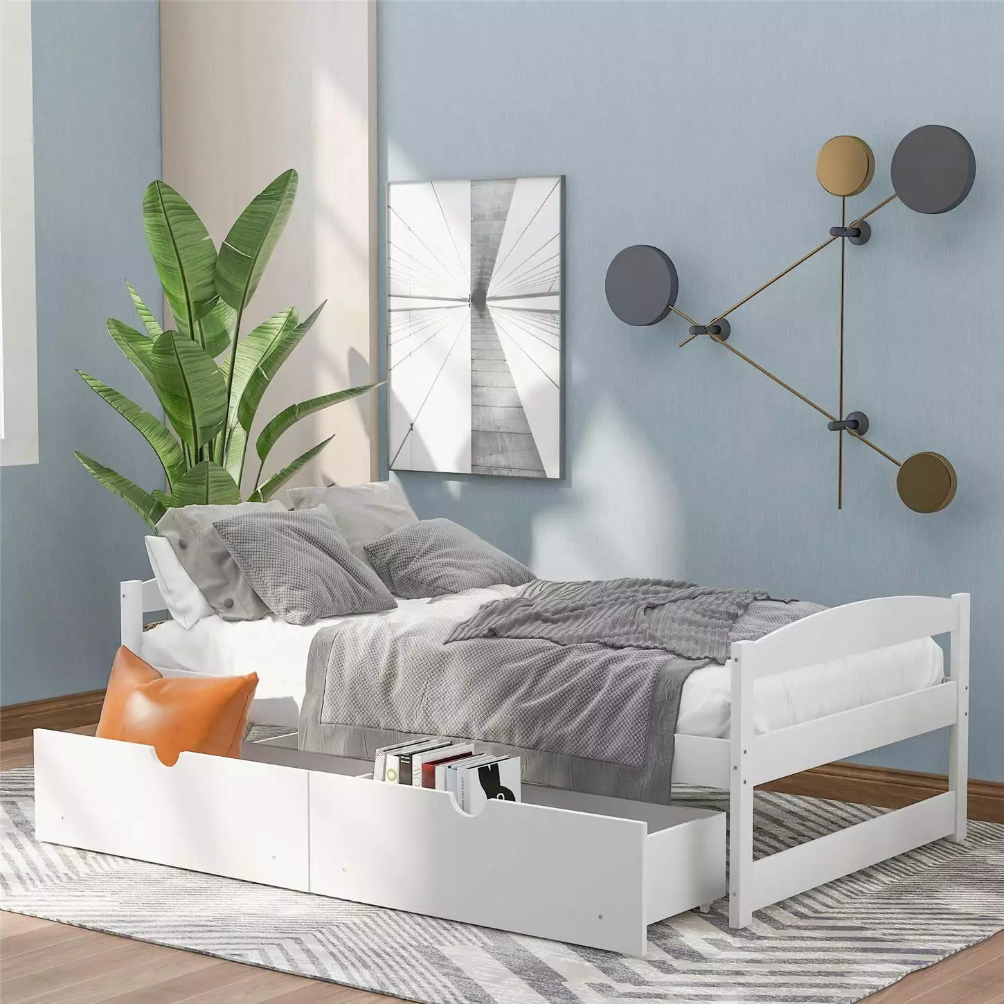 White Captains Bed Twin 2 Storage Drawers Pine Wood Platform Bed Boys Girls No Box Spring Needed ARCTICSCORPION