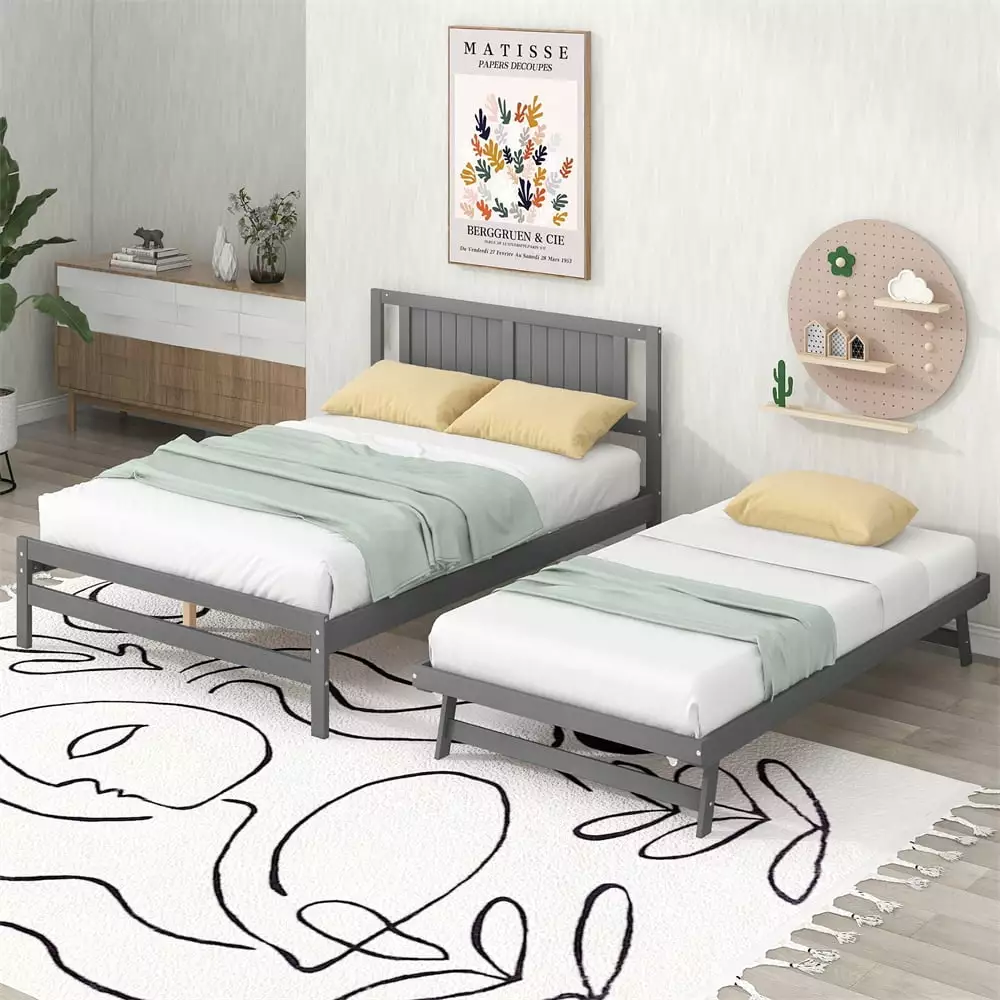 Wood Platform Bed Adjustable Trundle - Full Size Bed Frame Headboard Kids Teens and Adults - Grey ARCTICSCORPION