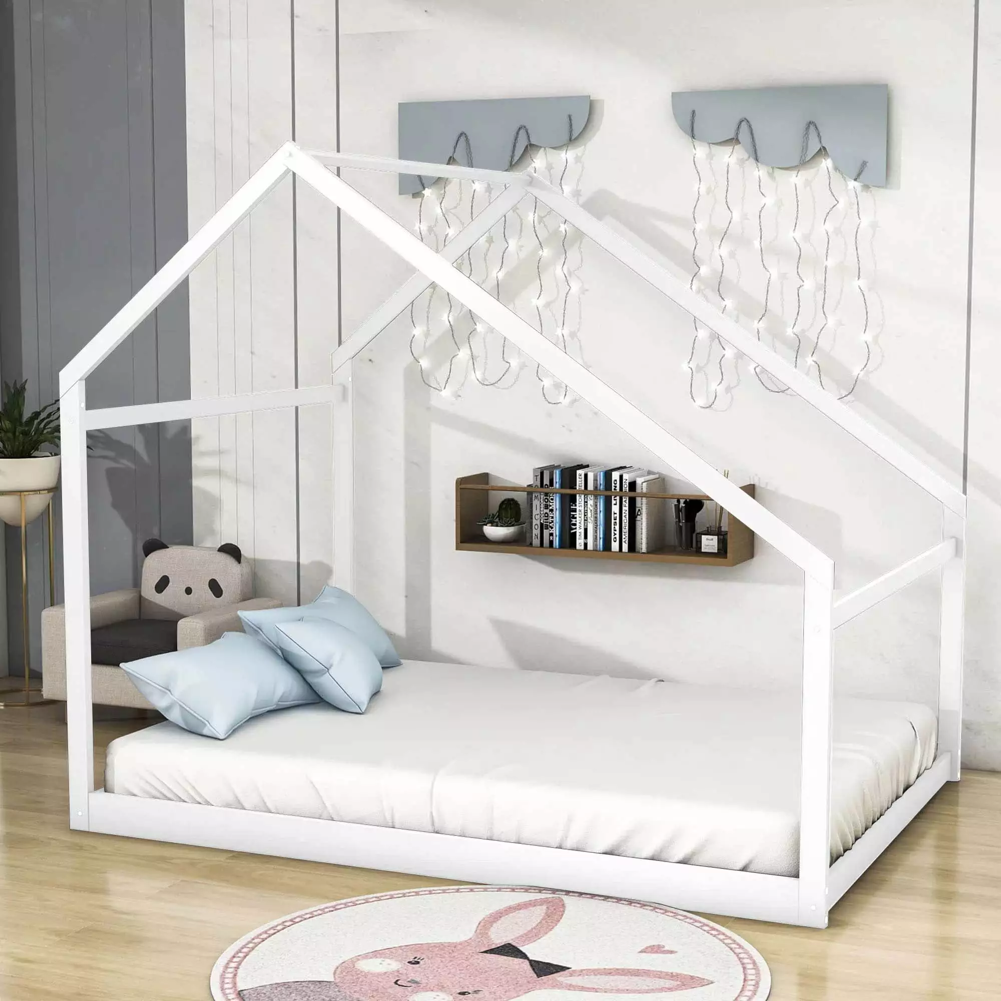 Aukfa Full Size House Bed Kids, Wooden Platform Bed Roof - White