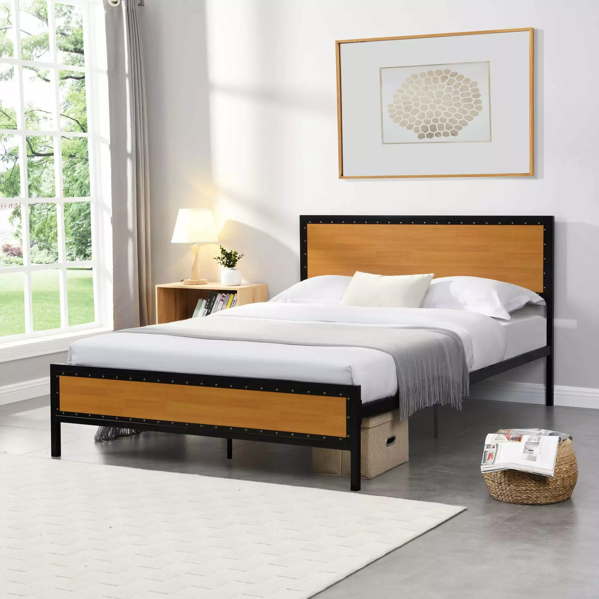 Aukfa Queen Platform Bed - Metal Bed Frame Wood Headboard Kids Adults - Oak Finish
