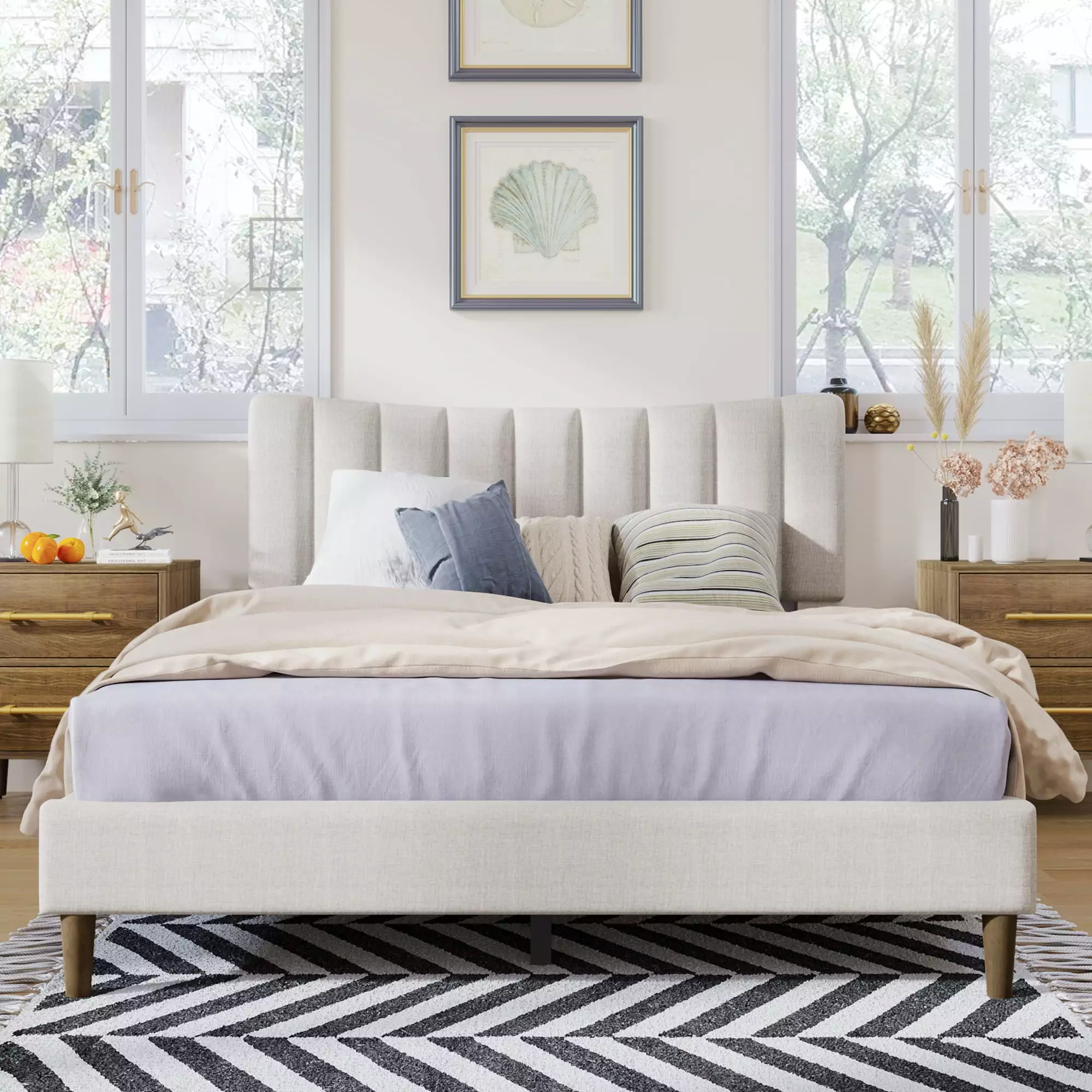 Aukfa Queen Upholstered Bed Frame - Platform Bed Headboard Beige