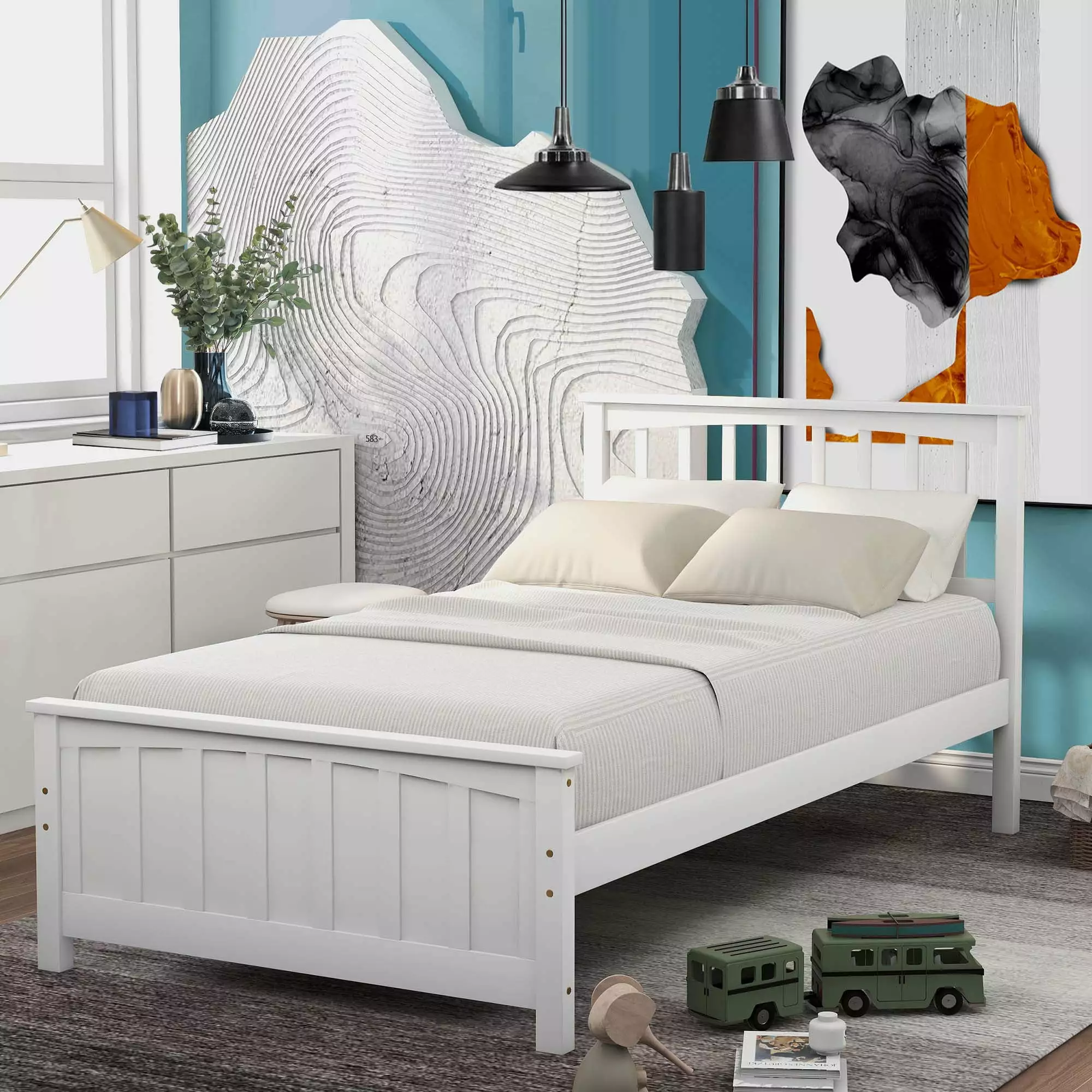 Aukfa Twin Bed Frame Headboard Wooden Platform Bed White