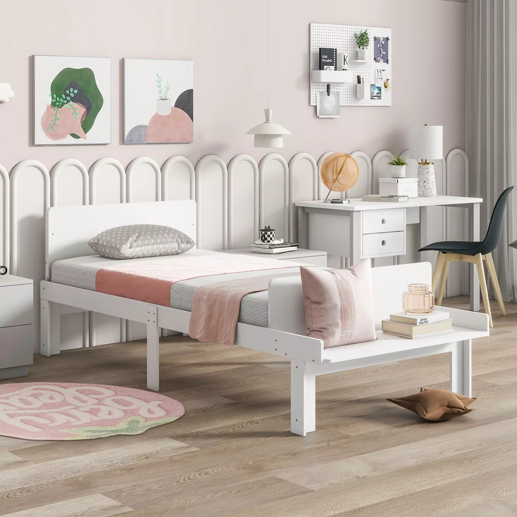 Aukfa Twin Platform Bed Footboard Bench Wood Bed Frame Kids White