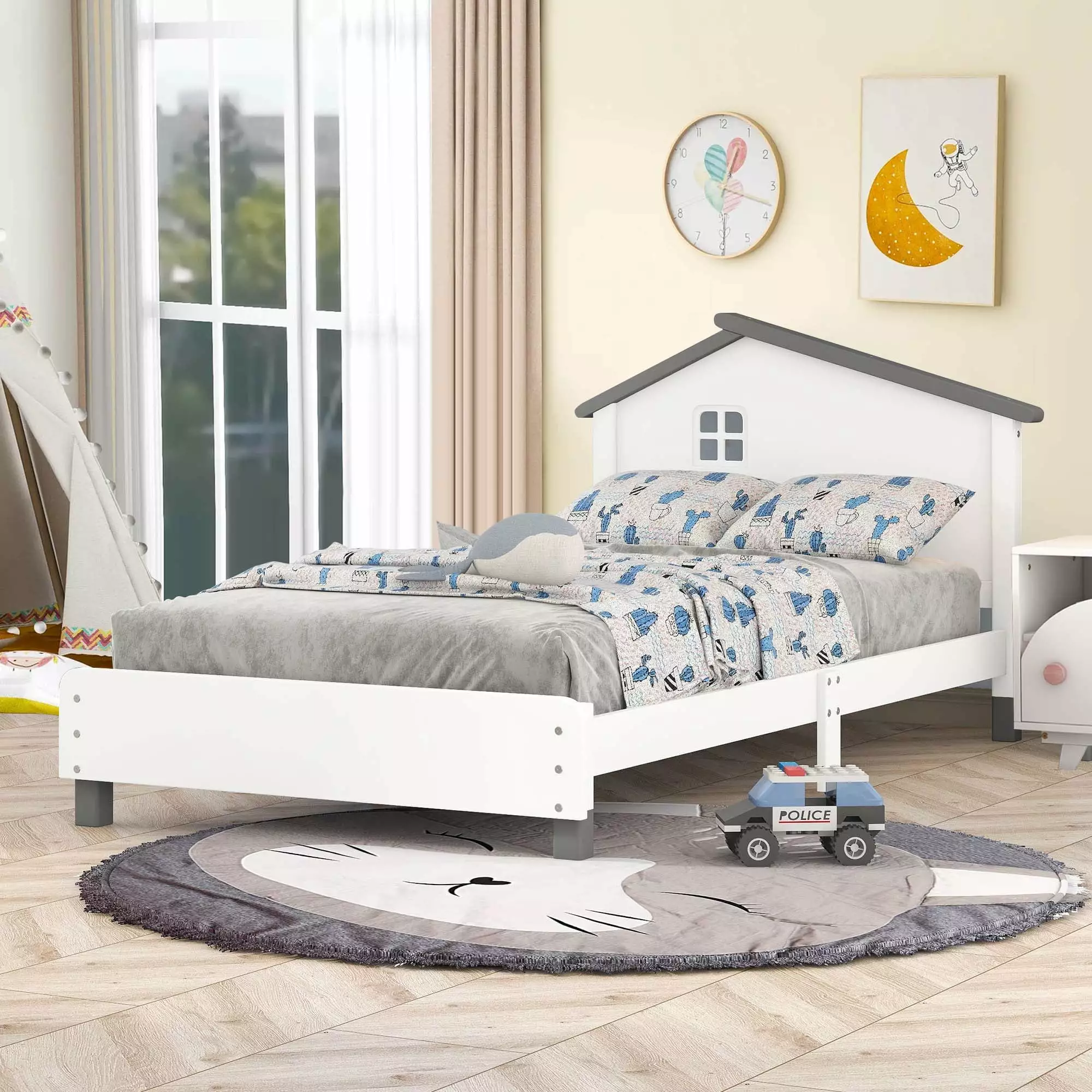 Aukfa Twin Platform Bed Houtilize-shaped Headboard Kids Bed Frame Wooden White