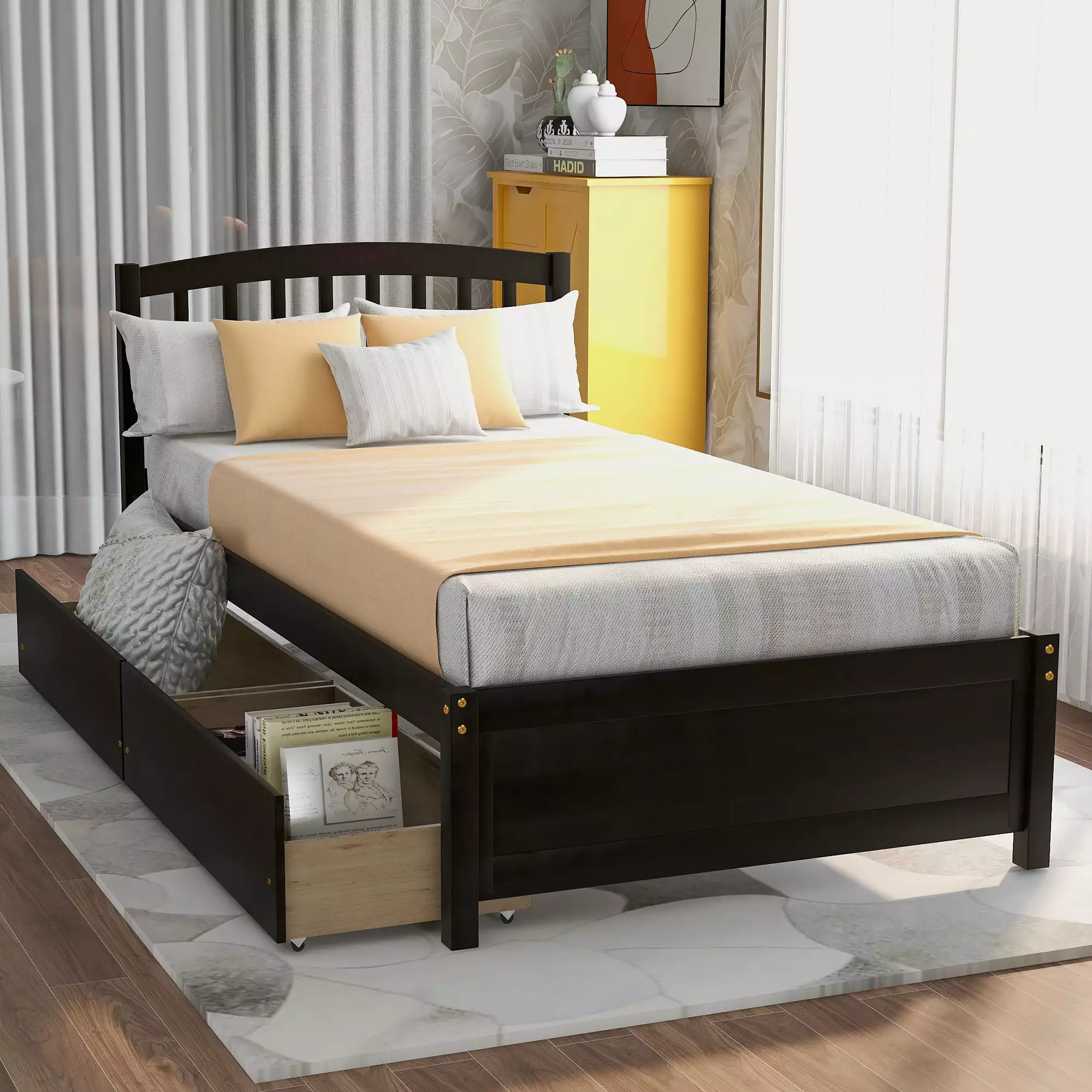 Aukfa Twin Platform Bed Wood Bed Frame Storage Drawers Kids Espresso