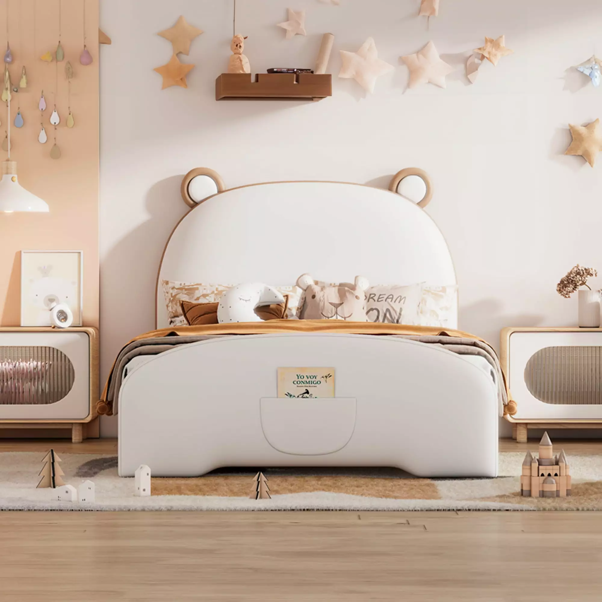 Aukfa Upholstered Platform Bed Bear-shaped Headboard and Footboard Twin Bed Kids White