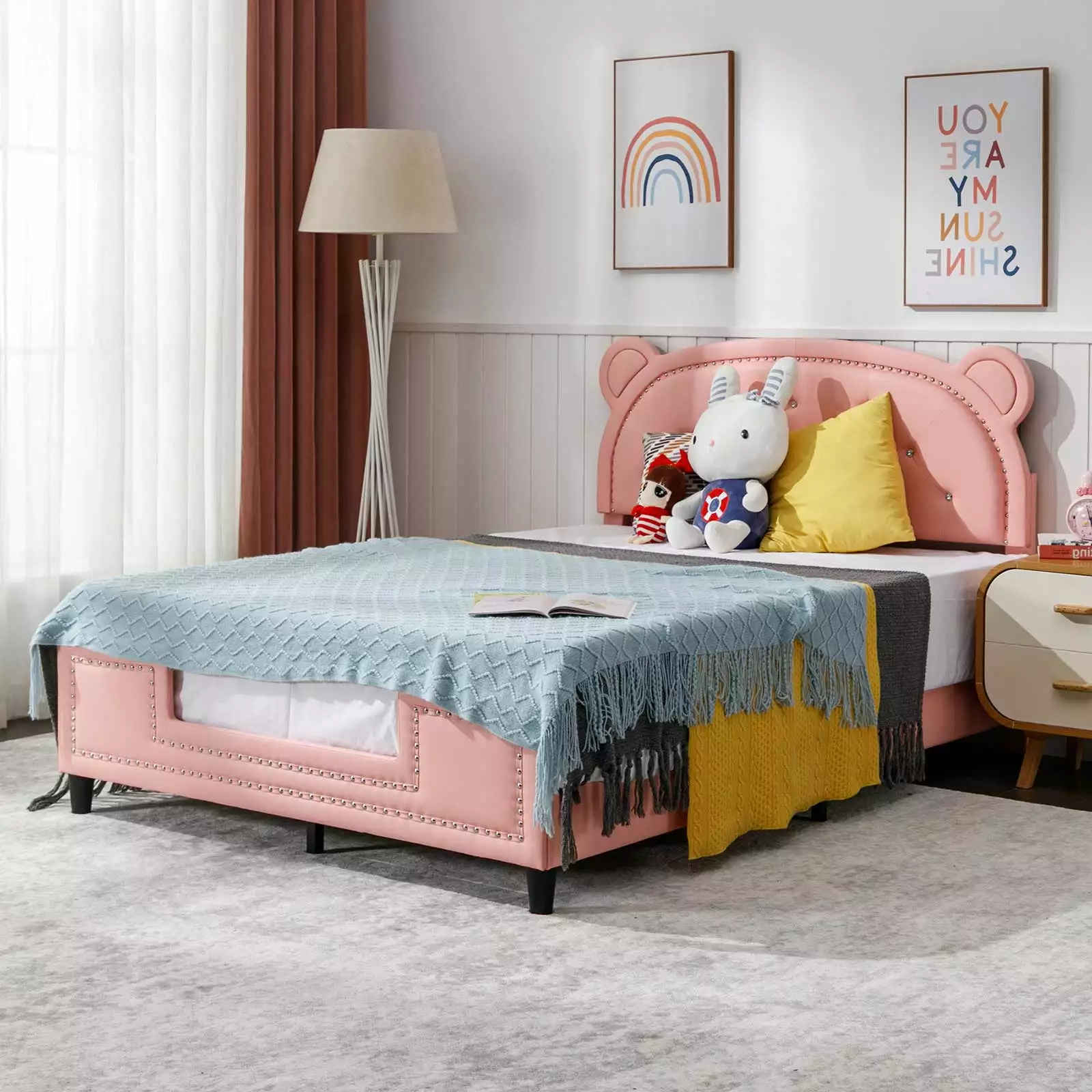 BALUS Full Bed Frames Kids Pink Children Platform Bed Bear Shaped Headboard No Spring Box Needed