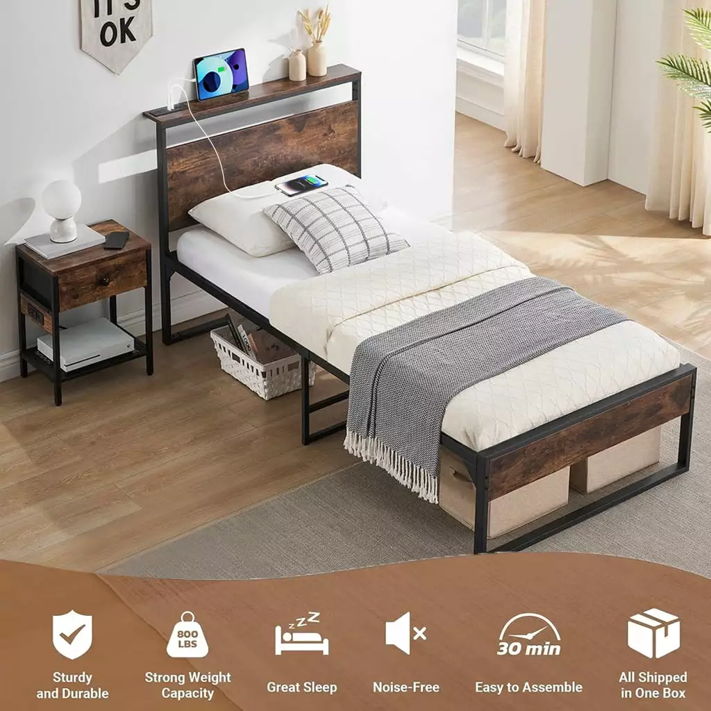 Behost 14 Twin Bed Frame Headboard and Power Outlets Rustic Brown Platform Bed