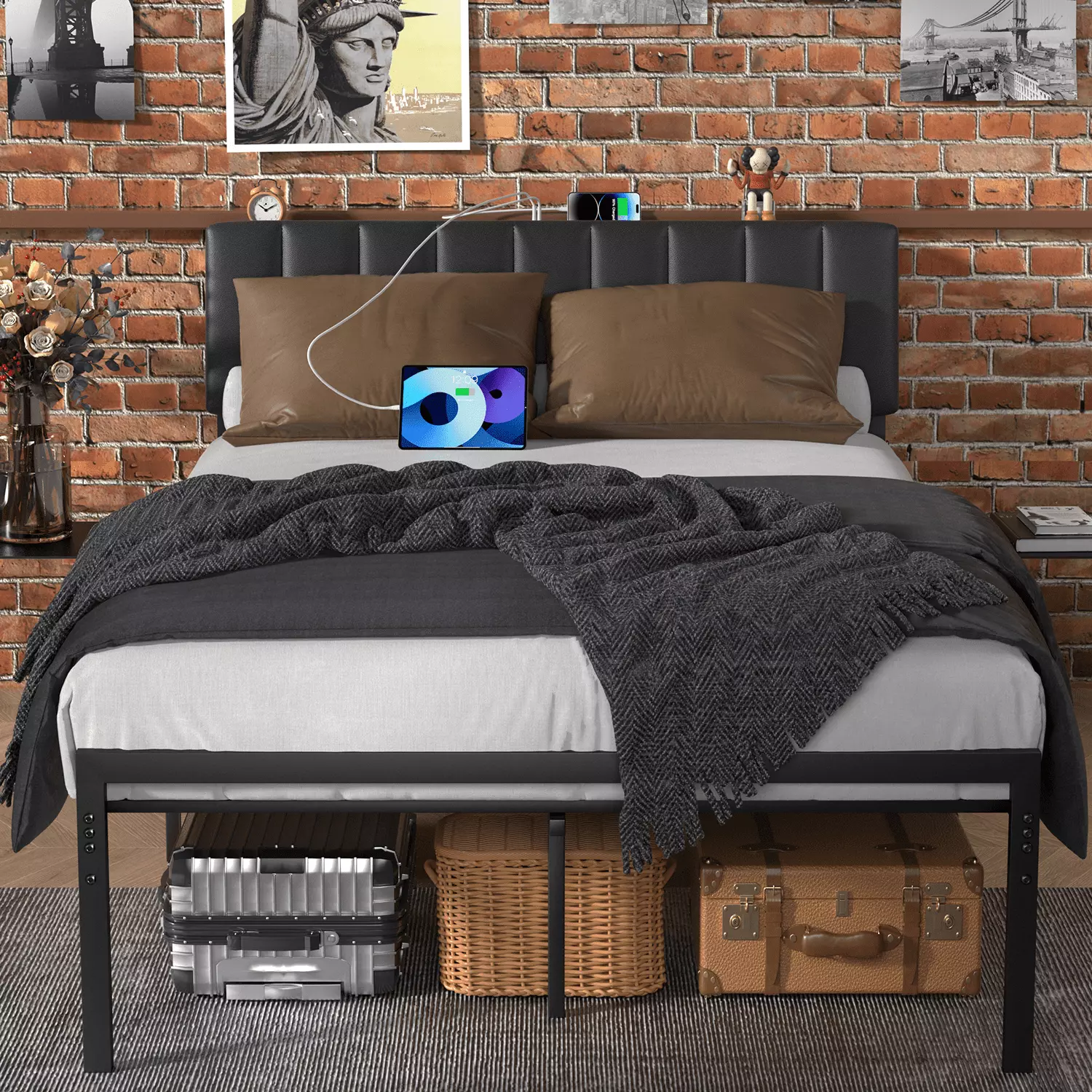 Behost Upholstered Twin Platform Bed Frame Charging Station Black