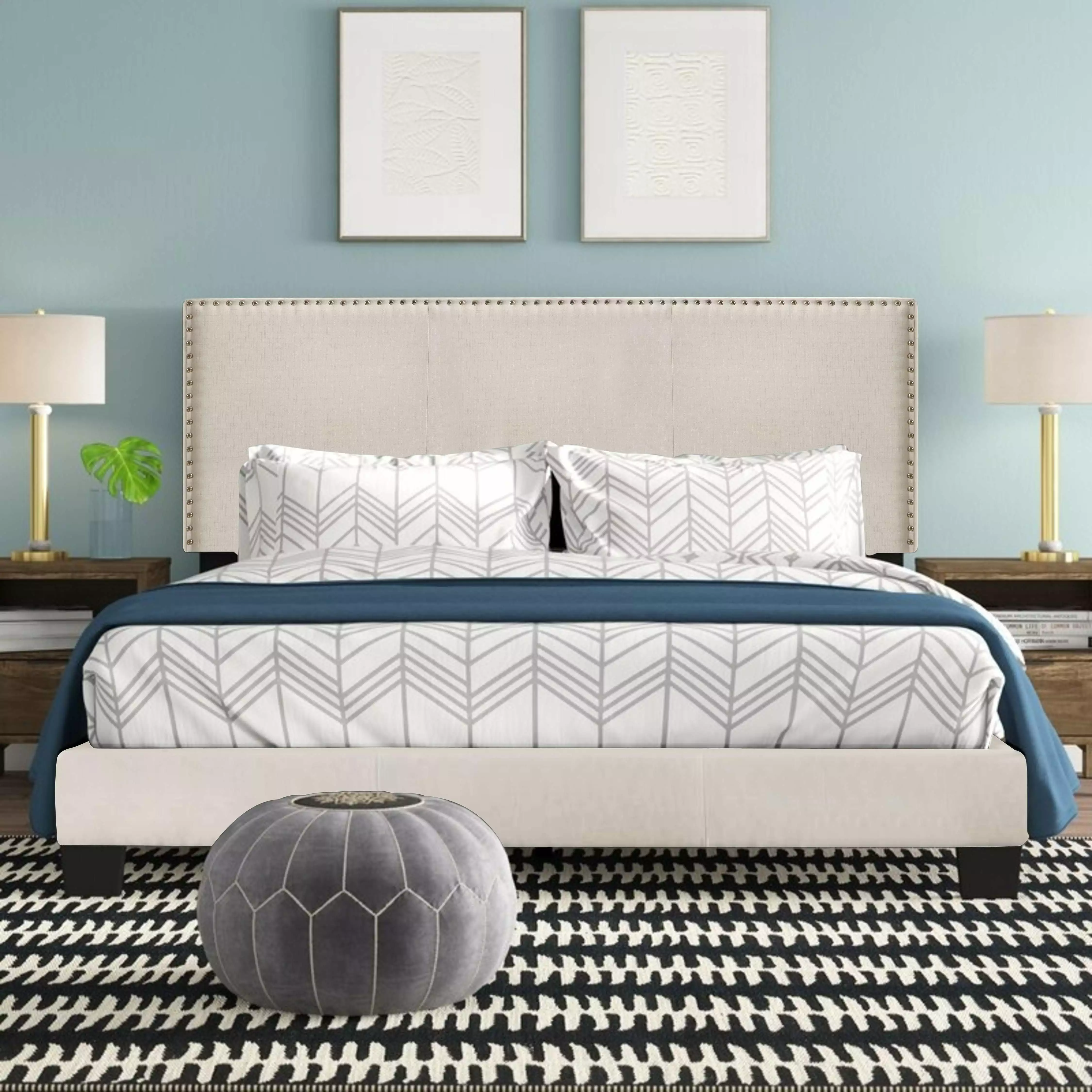 Royale Upholstered Platform Bed Nail Trim Headboard Queen Size Belle Isle Furniture