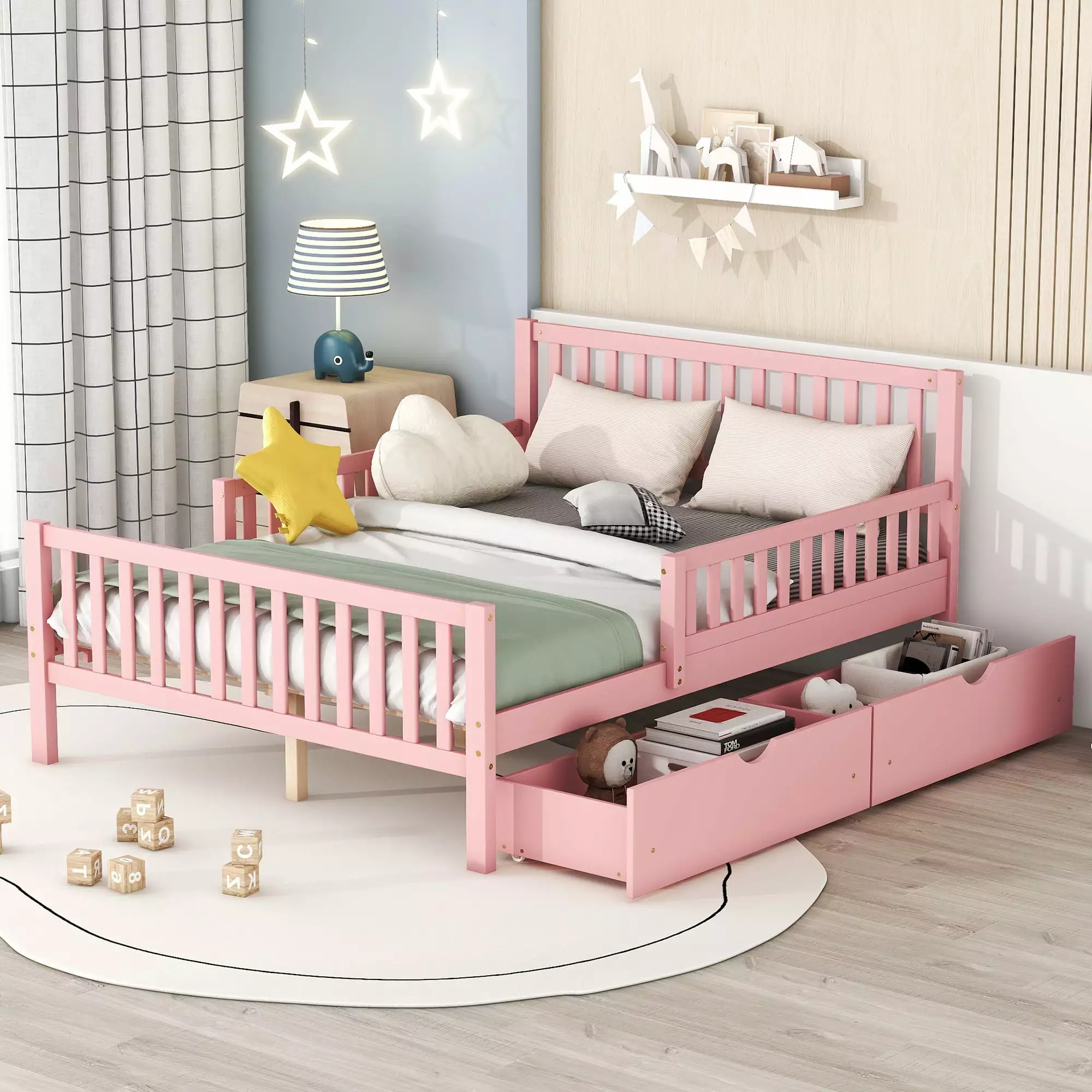 Bellemave Full Bed Storage Drawers and Fence Rails Wood Platform Beds Frame Headboard Full Size Storage Bed Kids Boys Girl...