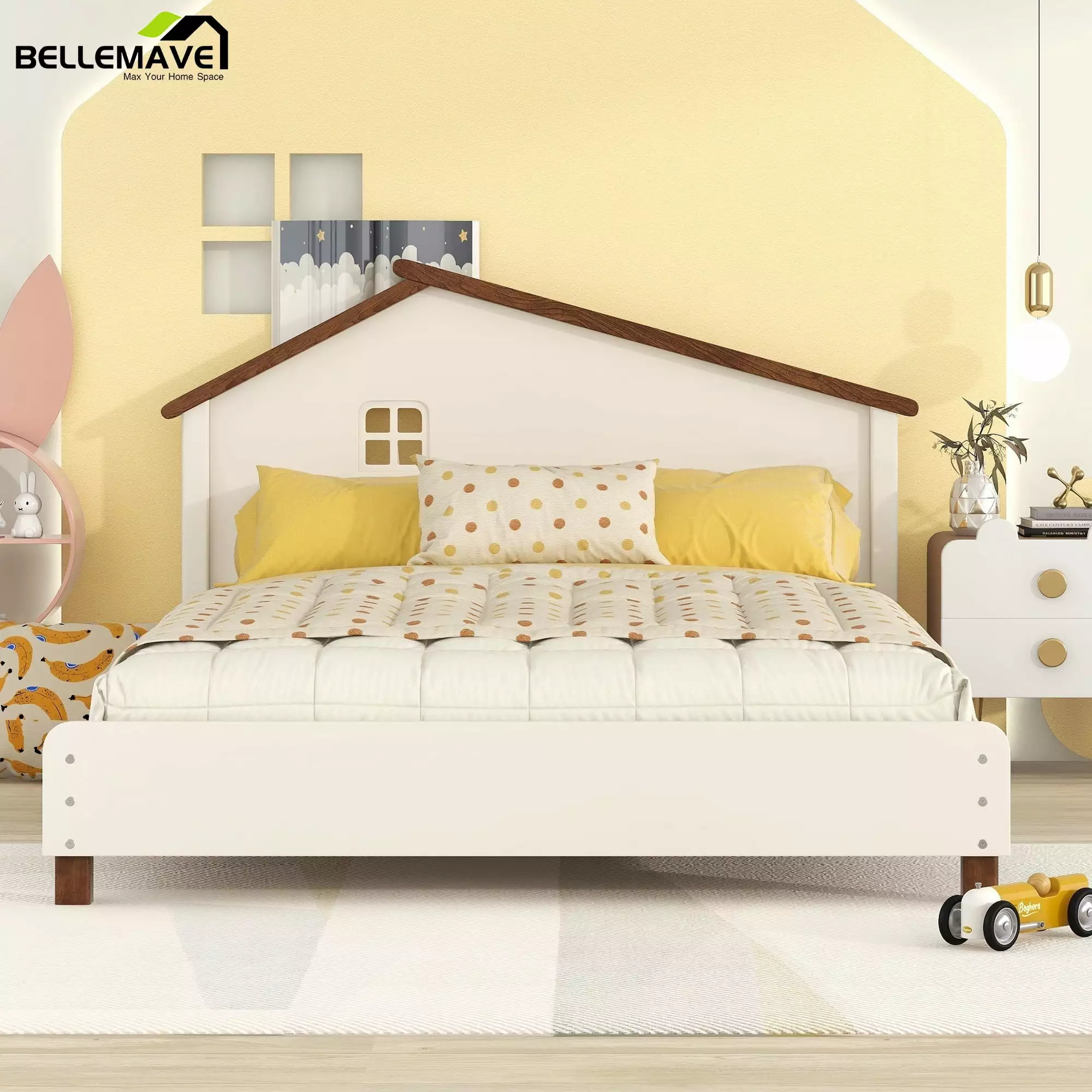 Bellemave Full Kids Platform Bed Houtilize-Shaped Headboard Toddler Bed Frame Shelf Behind Headboard Girls Boys Off-White