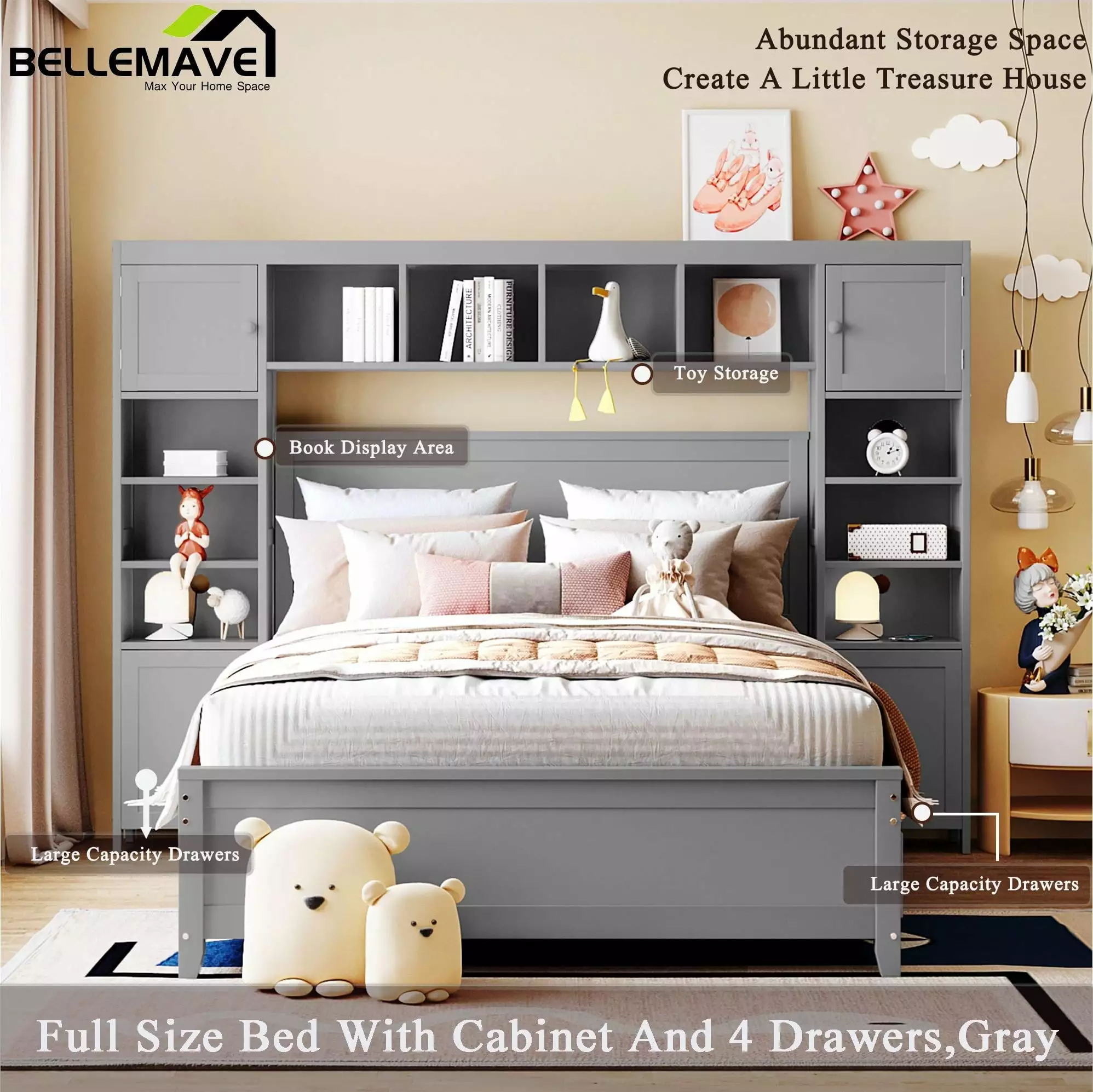 Bellemave Full Platform Bed Storage Drawers and Cabinet Bookcase Headboard
