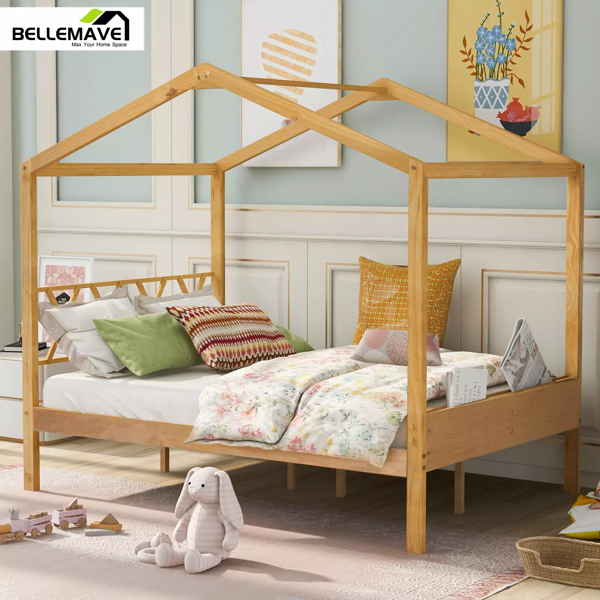 Bellemave Full Size Houtilize Bed Frame Headboard and Footboard Wood Platform Bed Frame Fence Kids Teens Boys and Girls Na...
