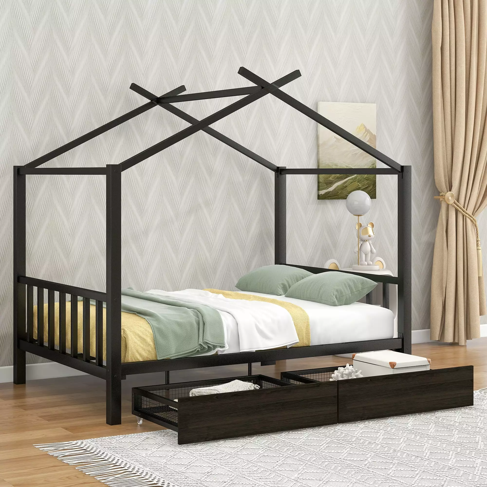 Bellemave Full Size Houtilize Bed Kids 2 Storage Drawers and Roof Black Platform Bed Frame