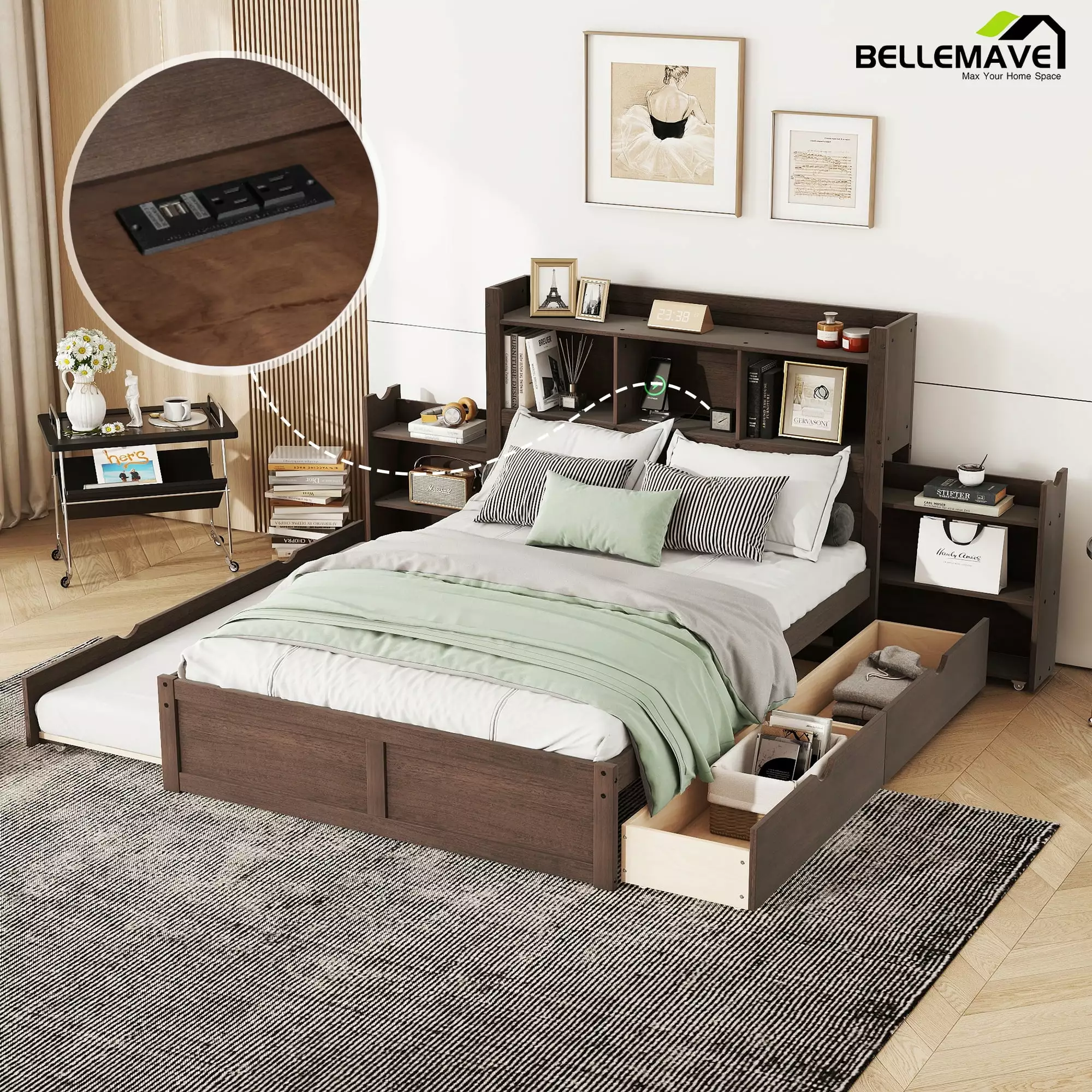 Bellemave Full Size Platform Bed Bookcase Headboard, Pull-out Shelves, Charging Ports, and Trundle Espresso