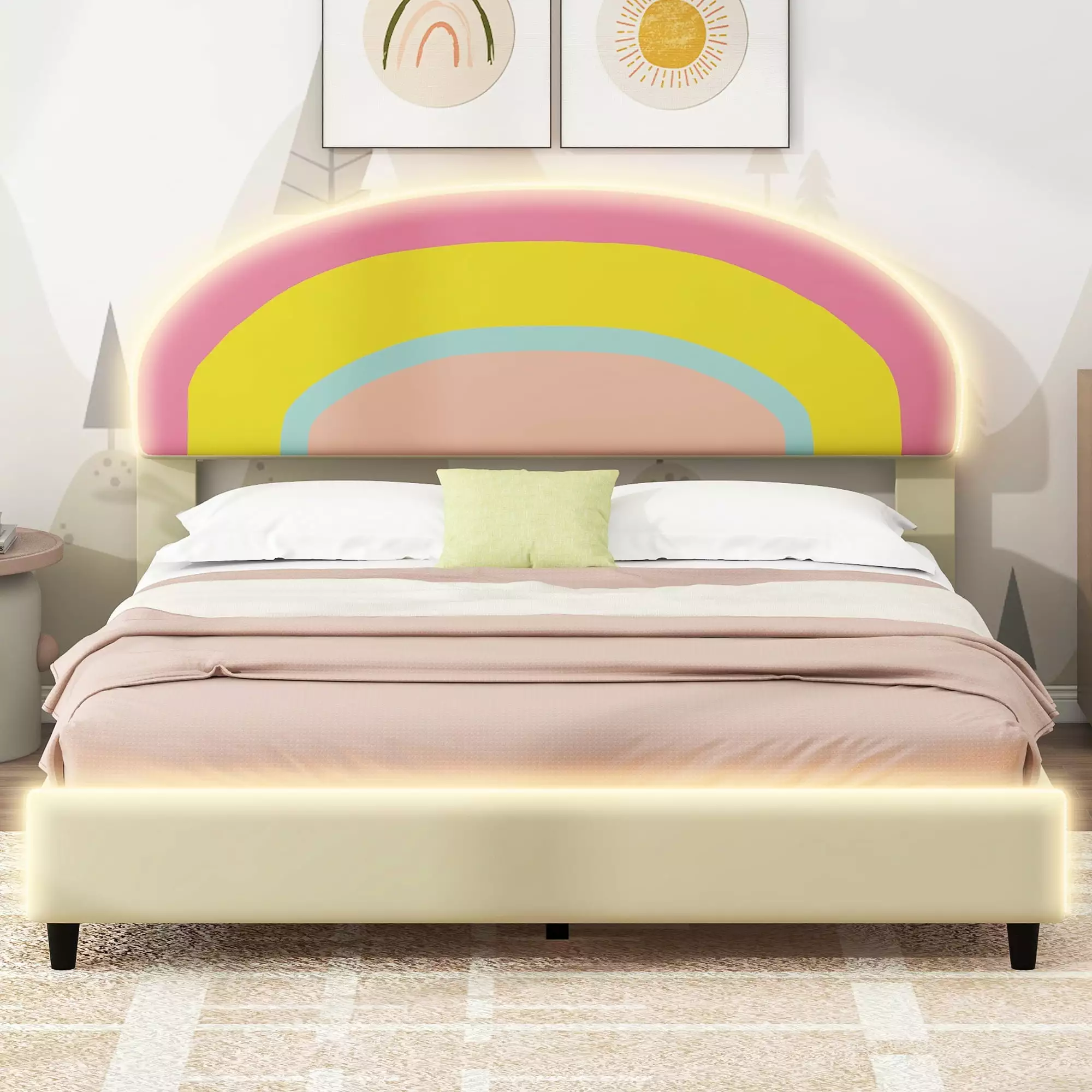 Bellemave Full Size Upholstered Platform Bed Rainbow Headboard LED Lights Adjustable Girls Beige