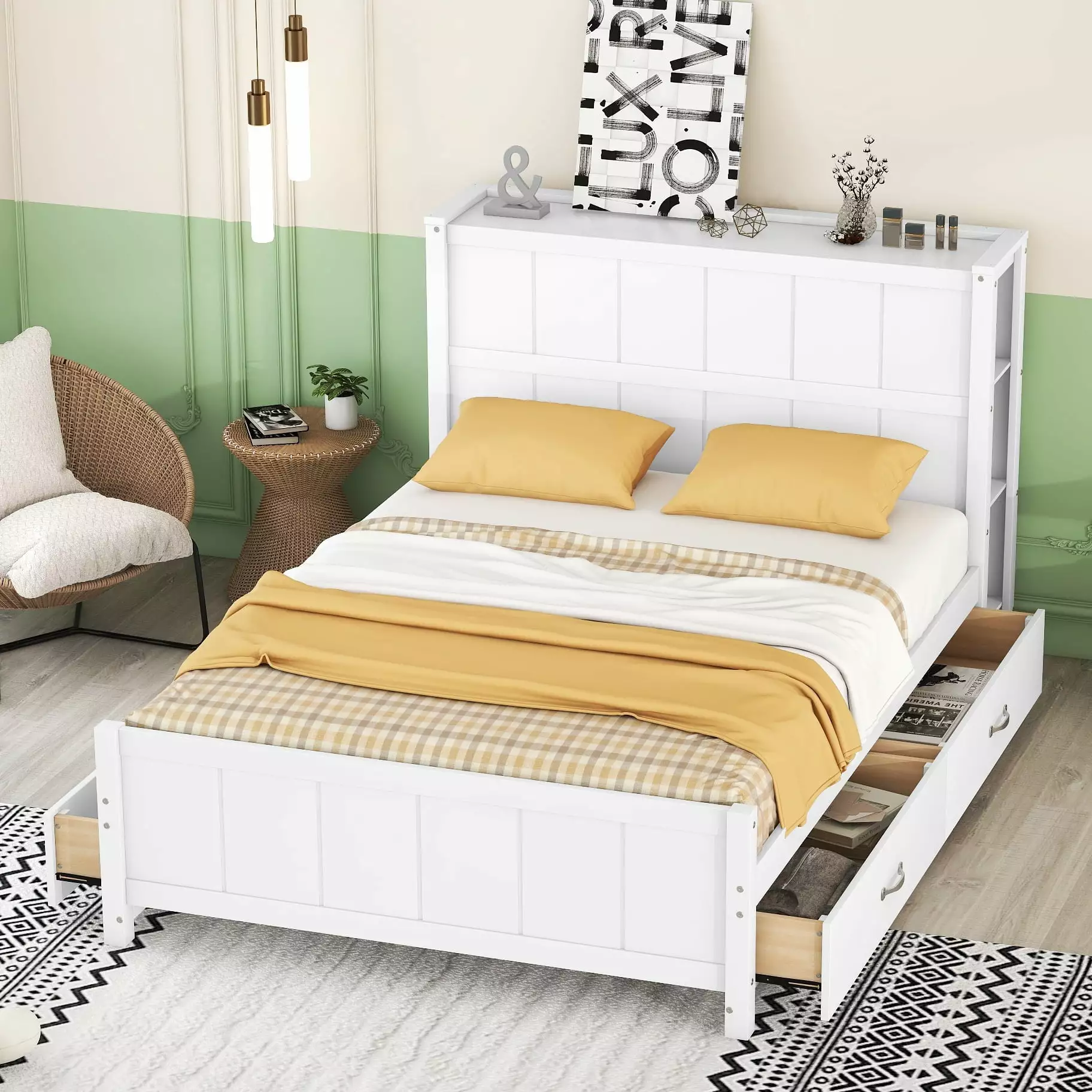 Bellemave Full Storage Bed Bookcase Headboard Solid Wood Platform Bed 4 Drawers No Box Spring Needed White