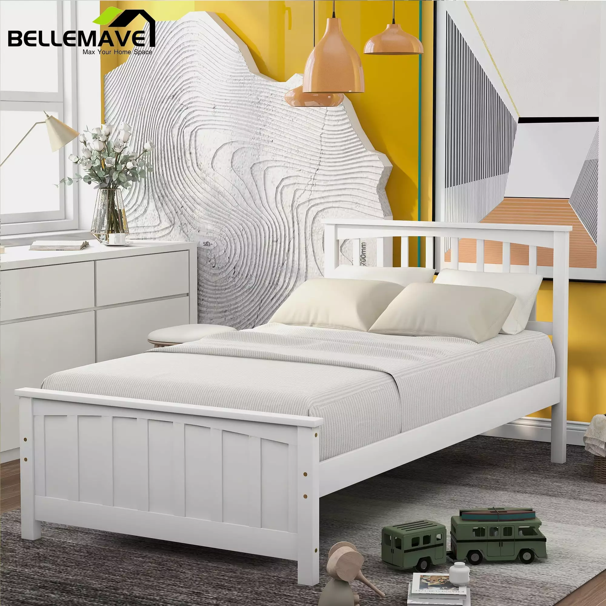 Bellemave Modern Platform Bed Frame Twin Size Headboard and Footboard Twin Size Bed Frame Kids Boys Girls Gray