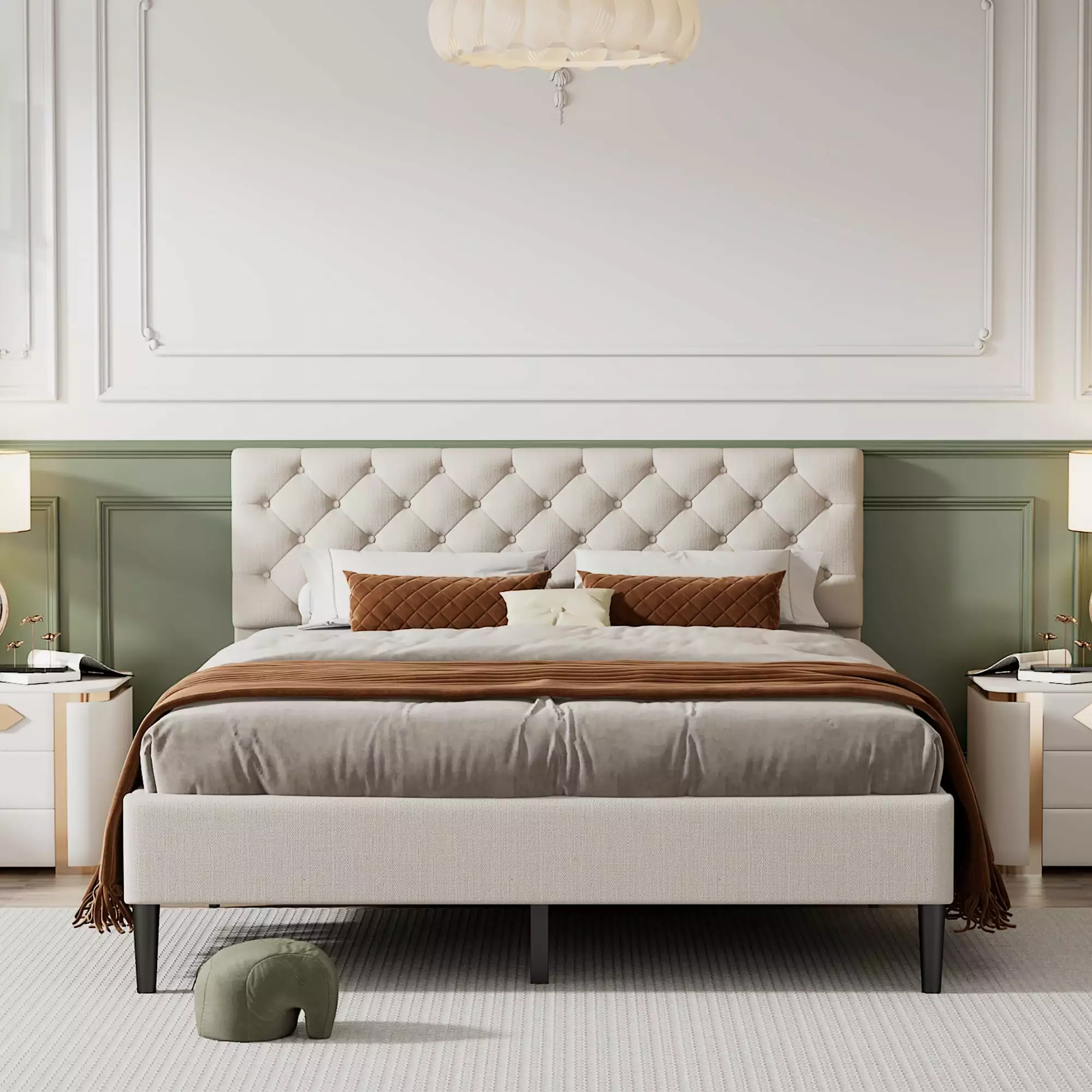 Bellemave Modern Queen Platform Bed Linen Upholstered Headboard - No Box Spring Needed