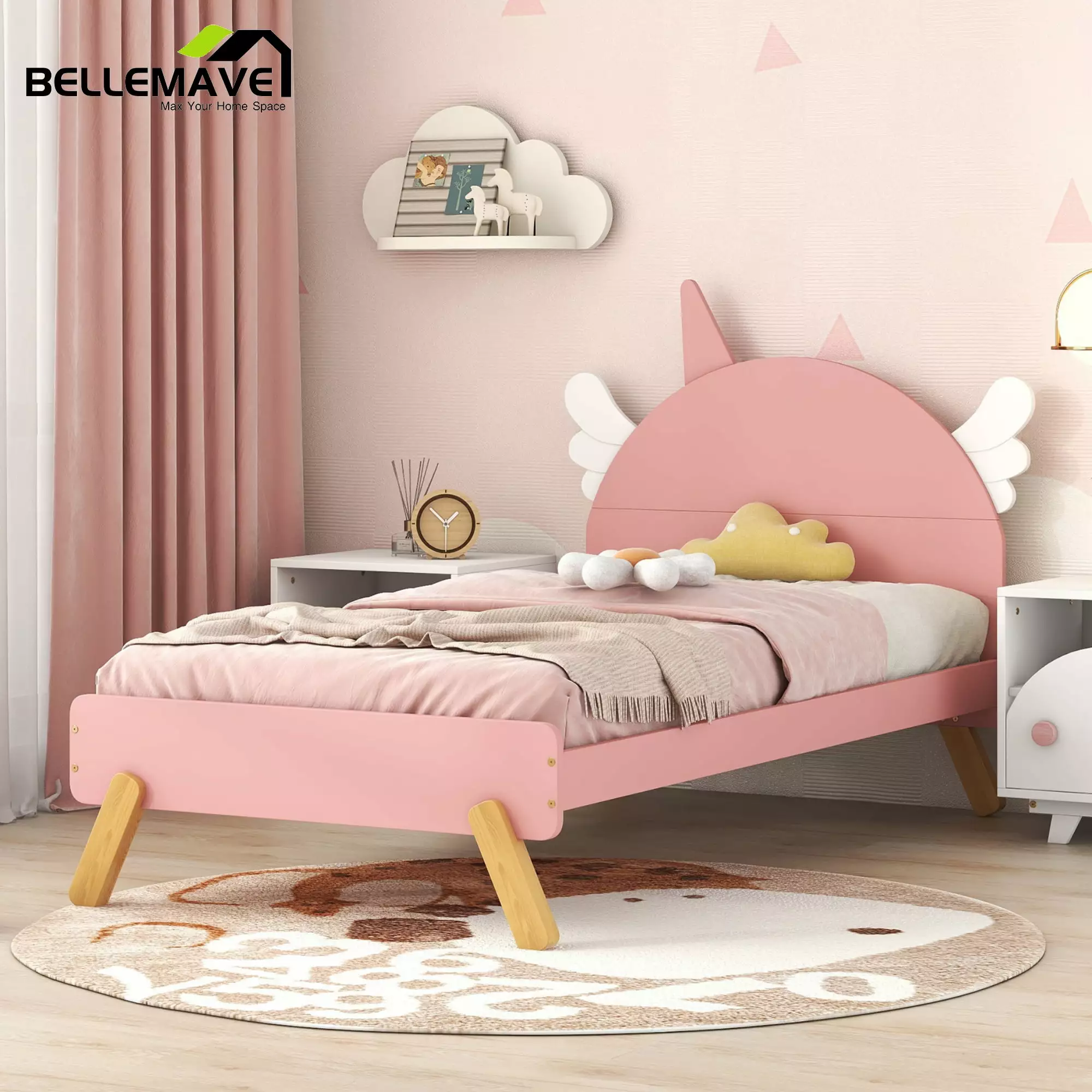 Bellemave Pink Twin Size Wooden Platform Bed Cute Unicorn-shaped Headboard Kids Child Teen