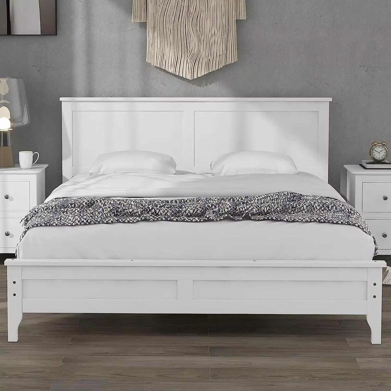 Bellemave Queen Bed Frame Headboard Modern Wood Platform Bed No Box Spring Needed White