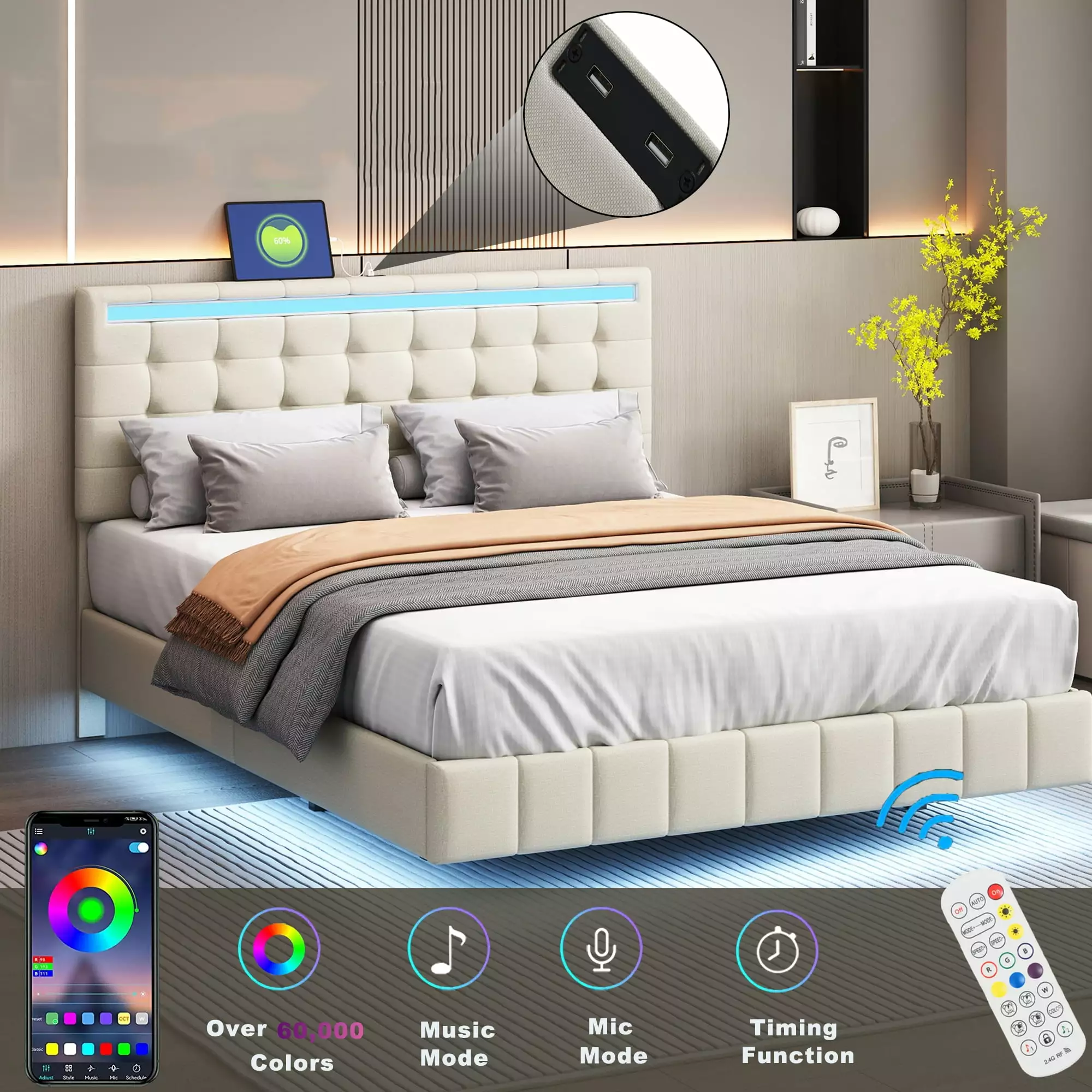 Bellemave Queen Bed Frame LED Lights USB Charging Station Modern Floating Upholstered Platform Headboard No Box Spring Nee...