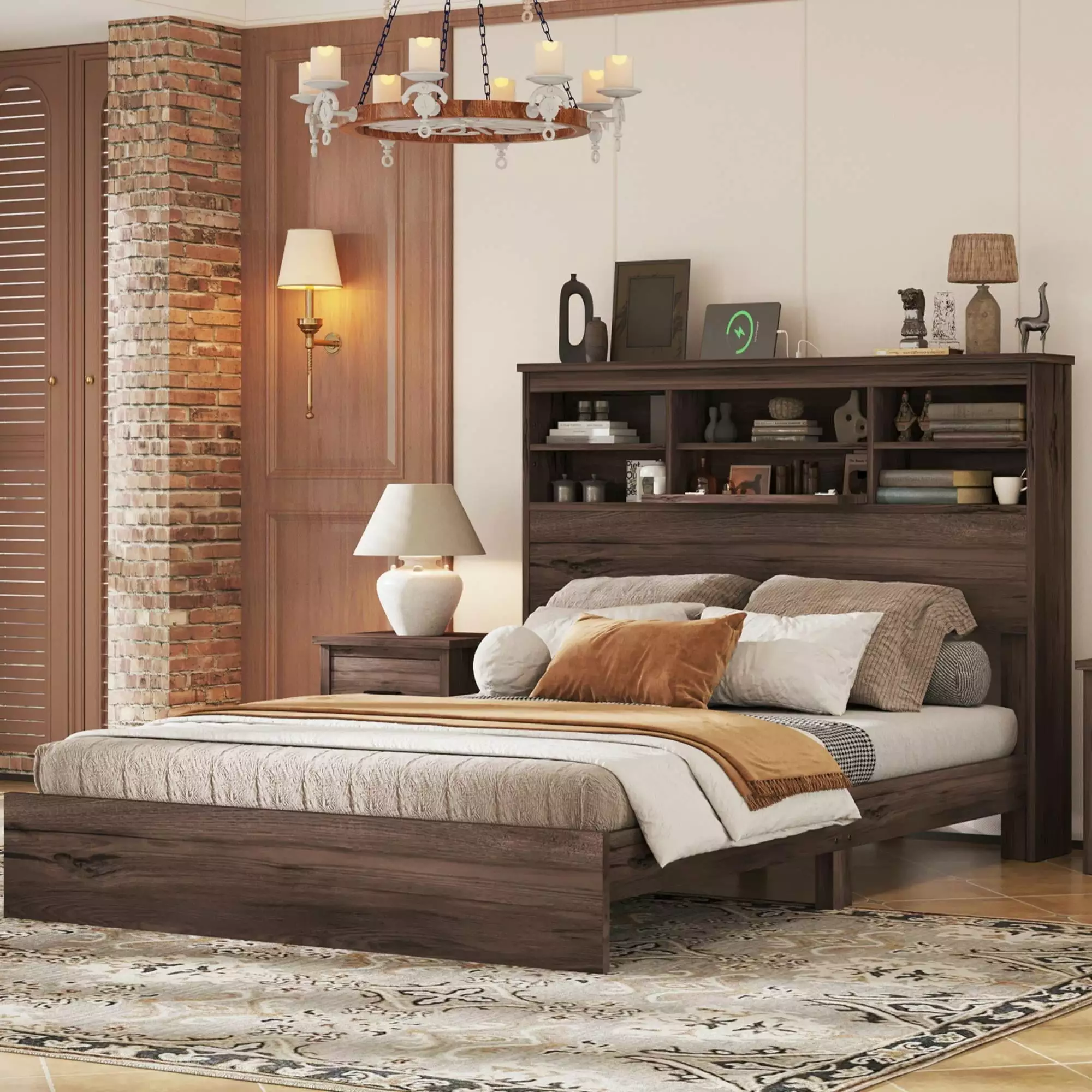 Bellemave Queen Size Platform Bed Bookcase Headboard and USB Charging Port - American Country Style Wooden Bed Frame Stora...