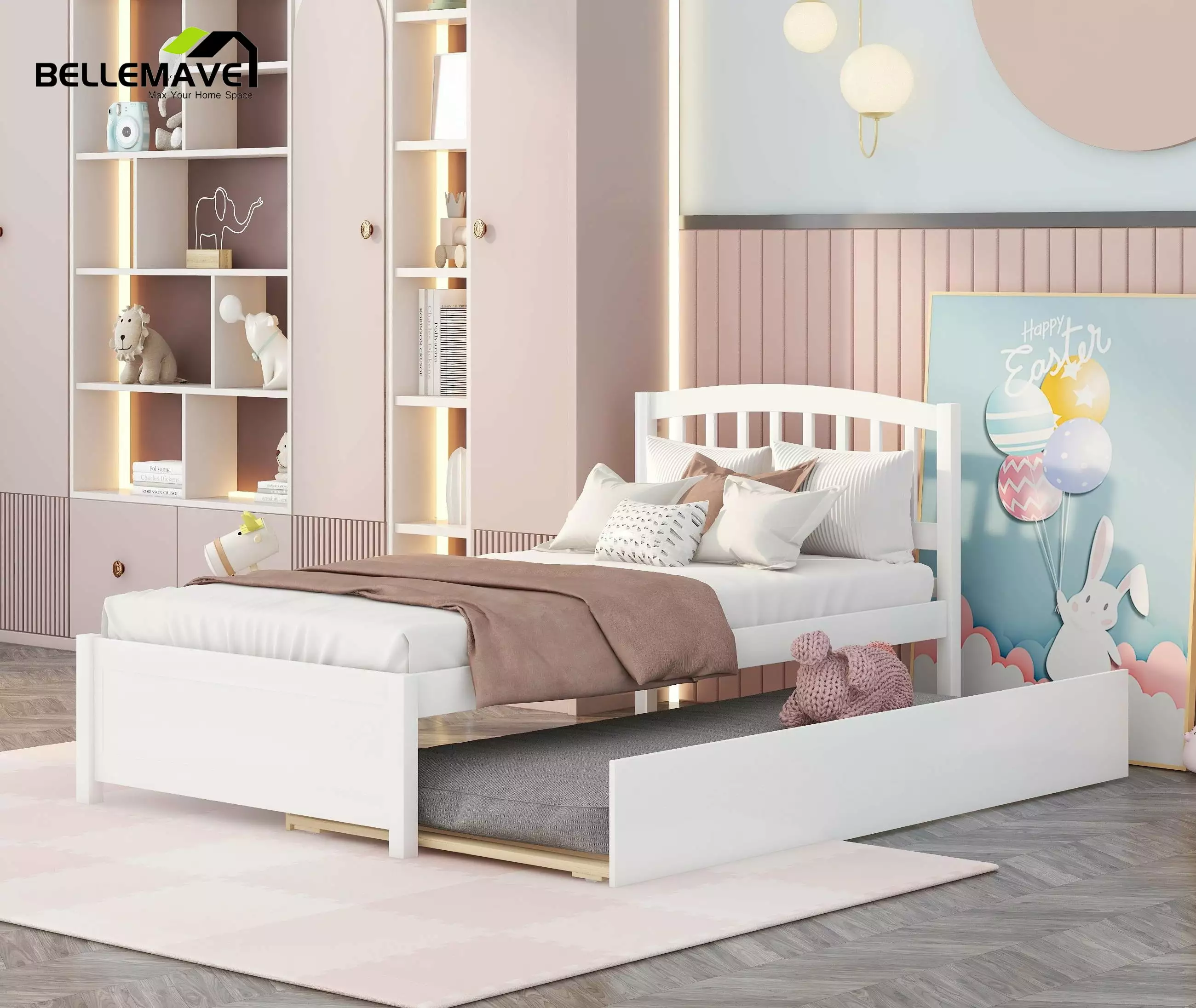 Bellemave Simple Style Twin Size Wood Platform Bed Frame Trundle and Headboard No Box Spring Needed White
