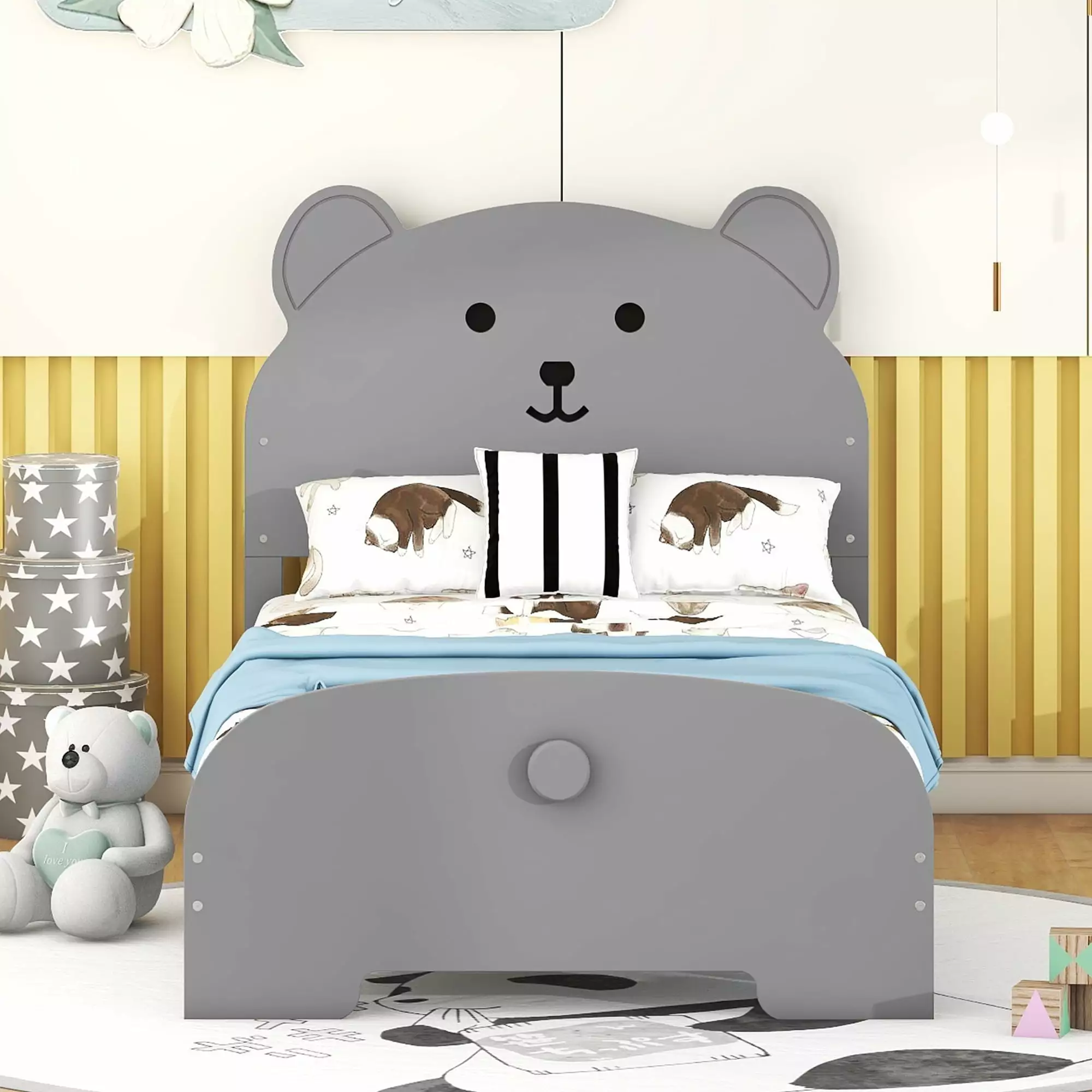 Bellemave Twin Platform Bed Bear-shaped Headboard and Footboard Kids - Gray Wood Bed Frame No Box Spring Needed